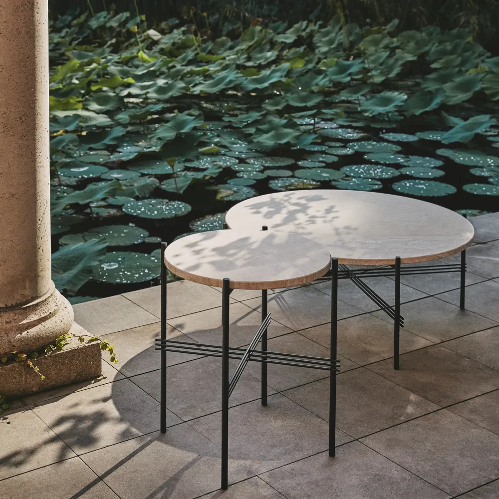 TS Outdoor side table, Natural white, black frame, travertine GUBI