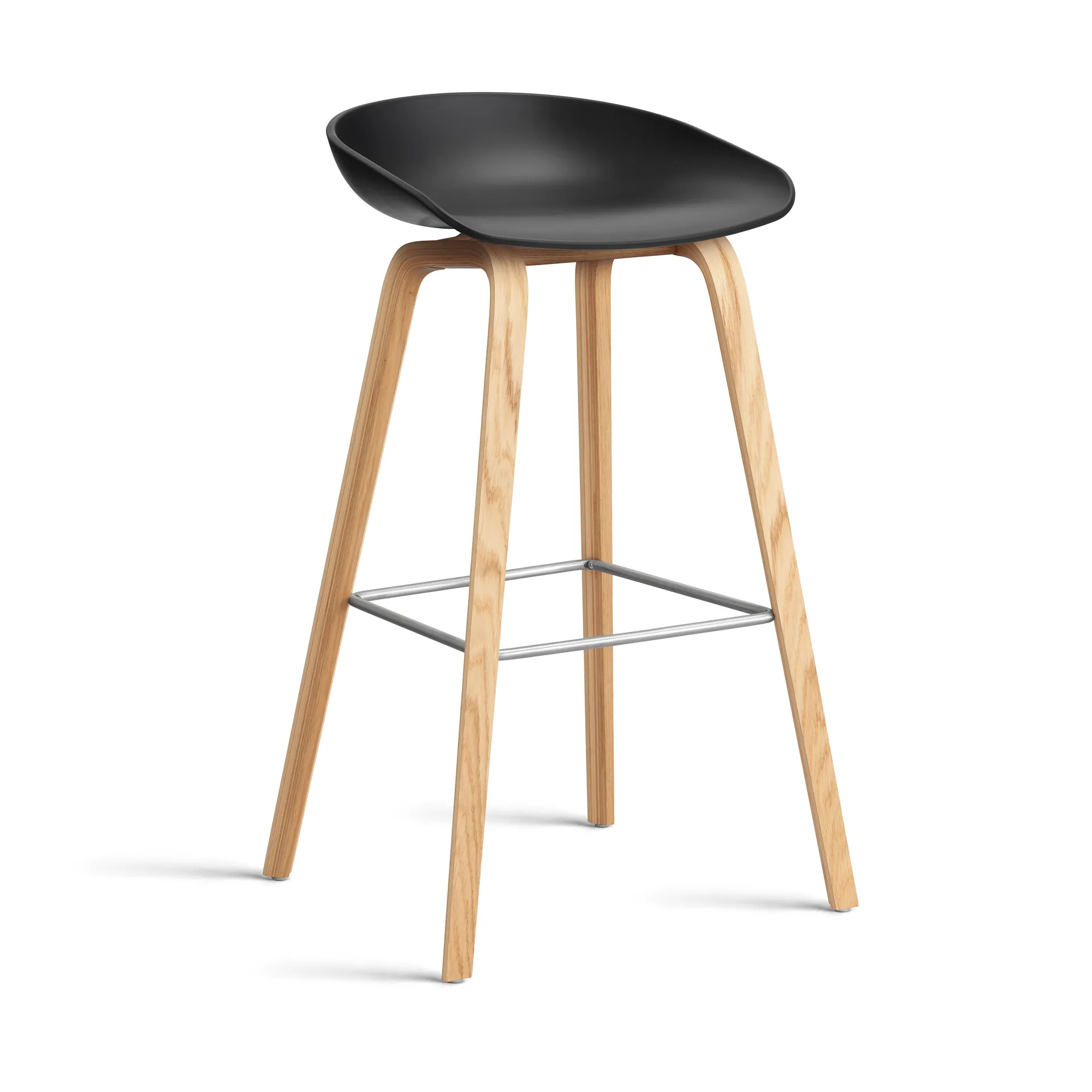 About a Stool AAL32 High 2.0 bar stool lacquered oak base, Black-stainless steel footrest HAY