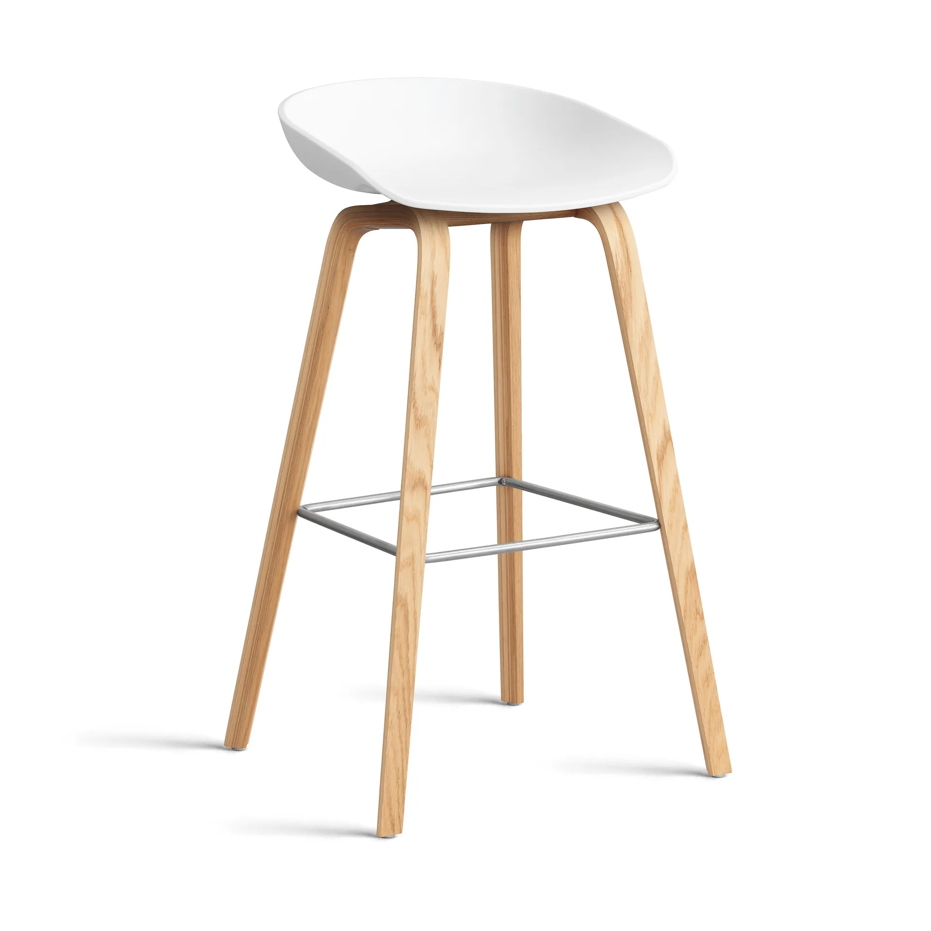 About a Stool AAL32 High 2.0 bar stool lacquered oak base, White-stainless steel footrest HAY