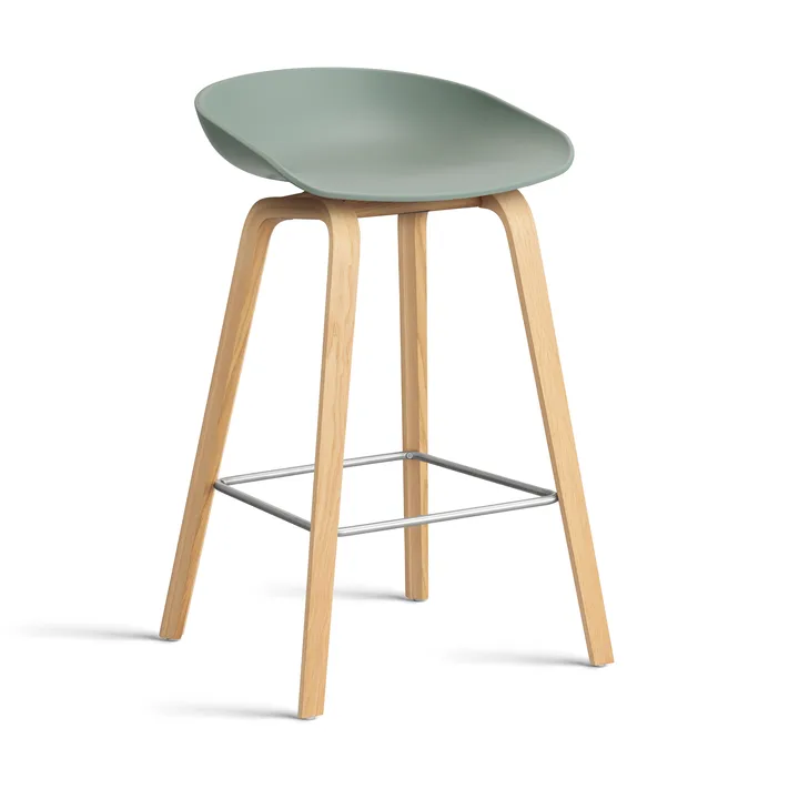 About a Stool AAL32 Low 2.0 bar stool lacquered oak base - Fall green-stainless steel footrest - HAY