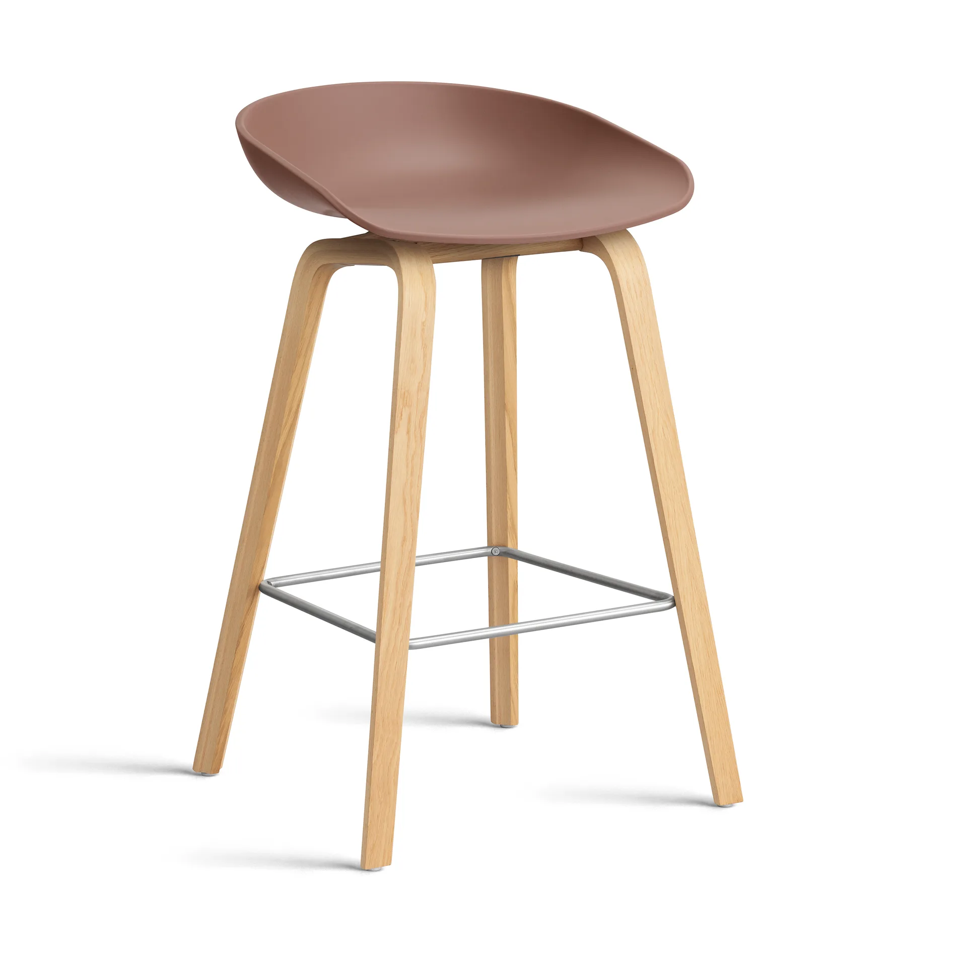 About a Stool AAL32 Low 2.0 bar stool lacquered oak base, Soft brick-stainless steel footrest HAY