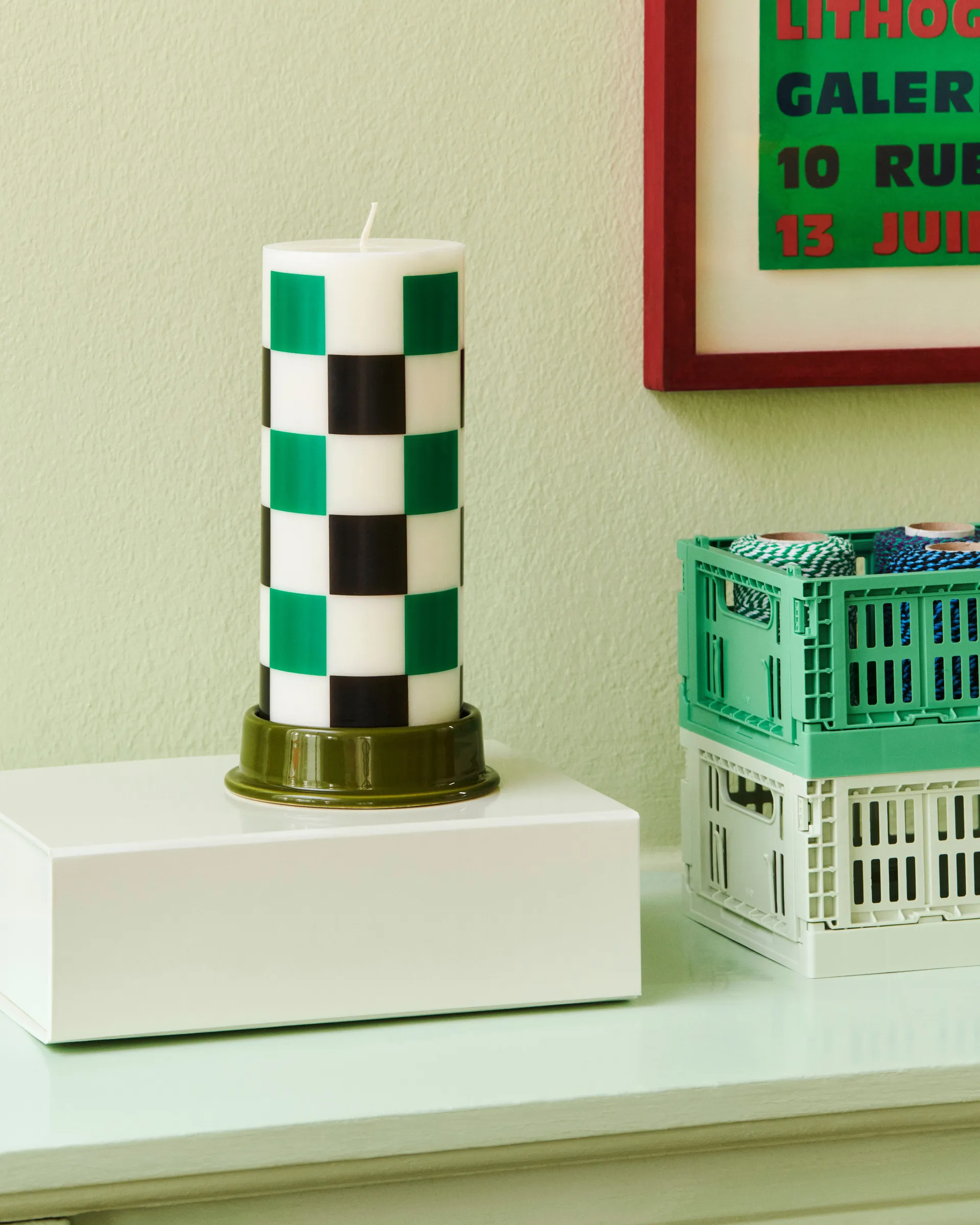 Column Candle block candle medium 20 cm, Off white-green-black check HAY