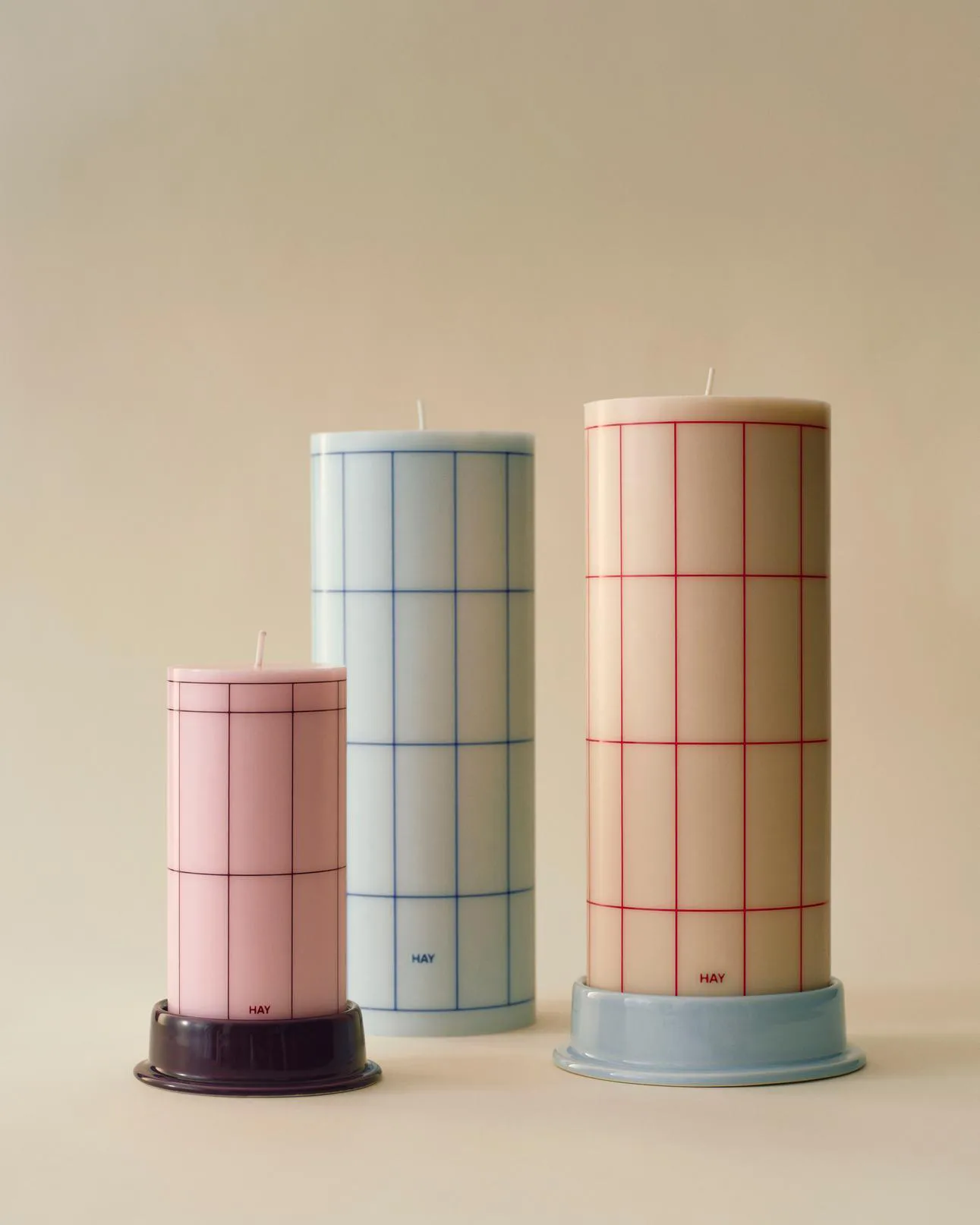 Column Candle block candle small 15 cm, Light pink-bordeaux grid HAY