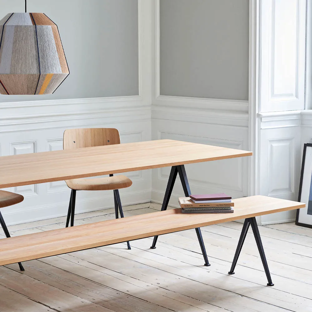 Pyramid bench, Oak matte lacquered-190 cm-black steel frame HAY