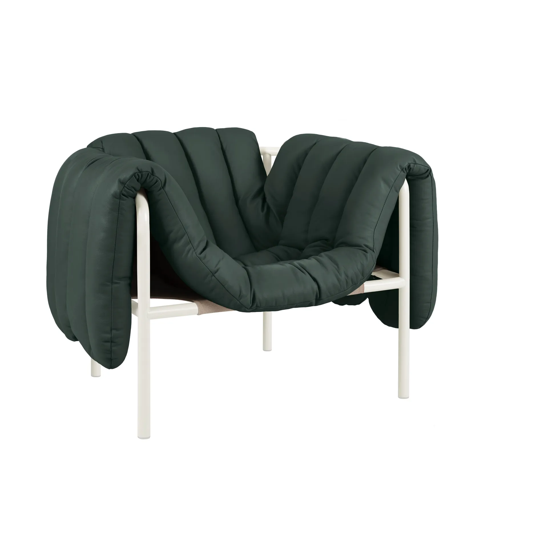 Puffy lounge chair, Dark green leather-cream Hem