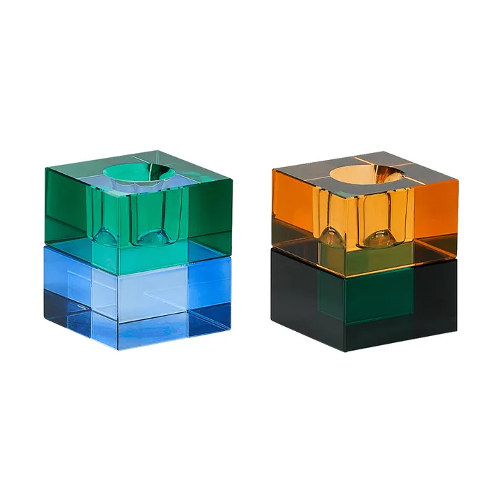 Block candle holder, 2 pieces - Green-blue, orange-green - Hübsch