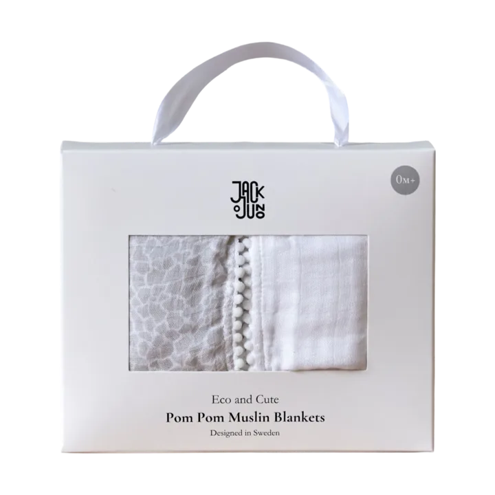 Pom Pom muslin blanket 120x120 cm 2-pack - Pearl & Giraffe gray - Jack o Juno