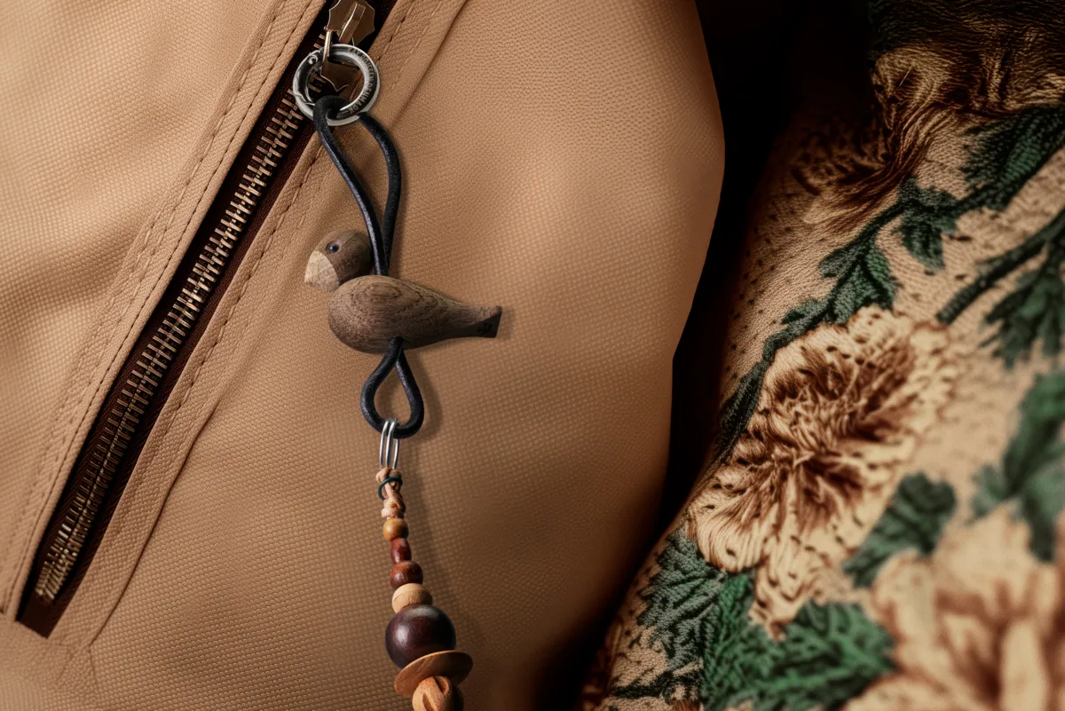 Kaj Bojesen bird keyring, Smoked oak, black leather Kay Bojesen Denmark