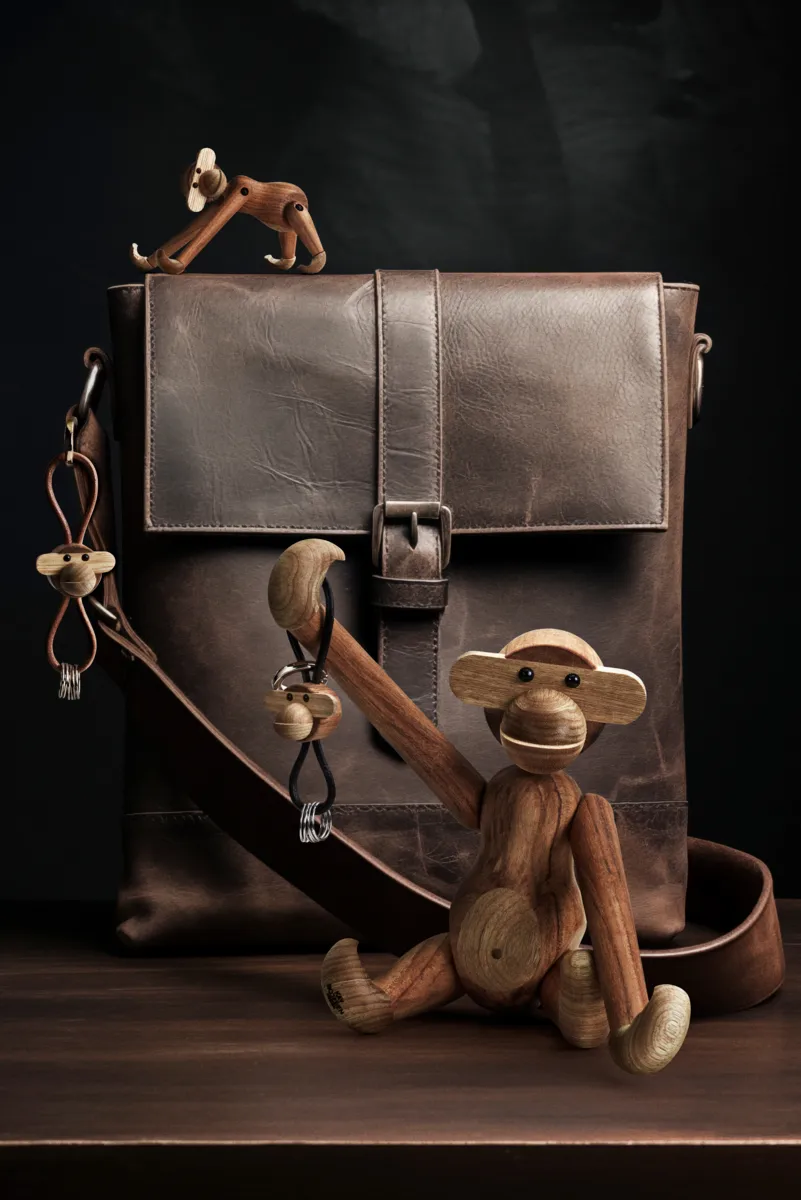 Kaj Bojesen monkey keyring, Teak, limba wood, natural leather Kay Bojesen Denmark