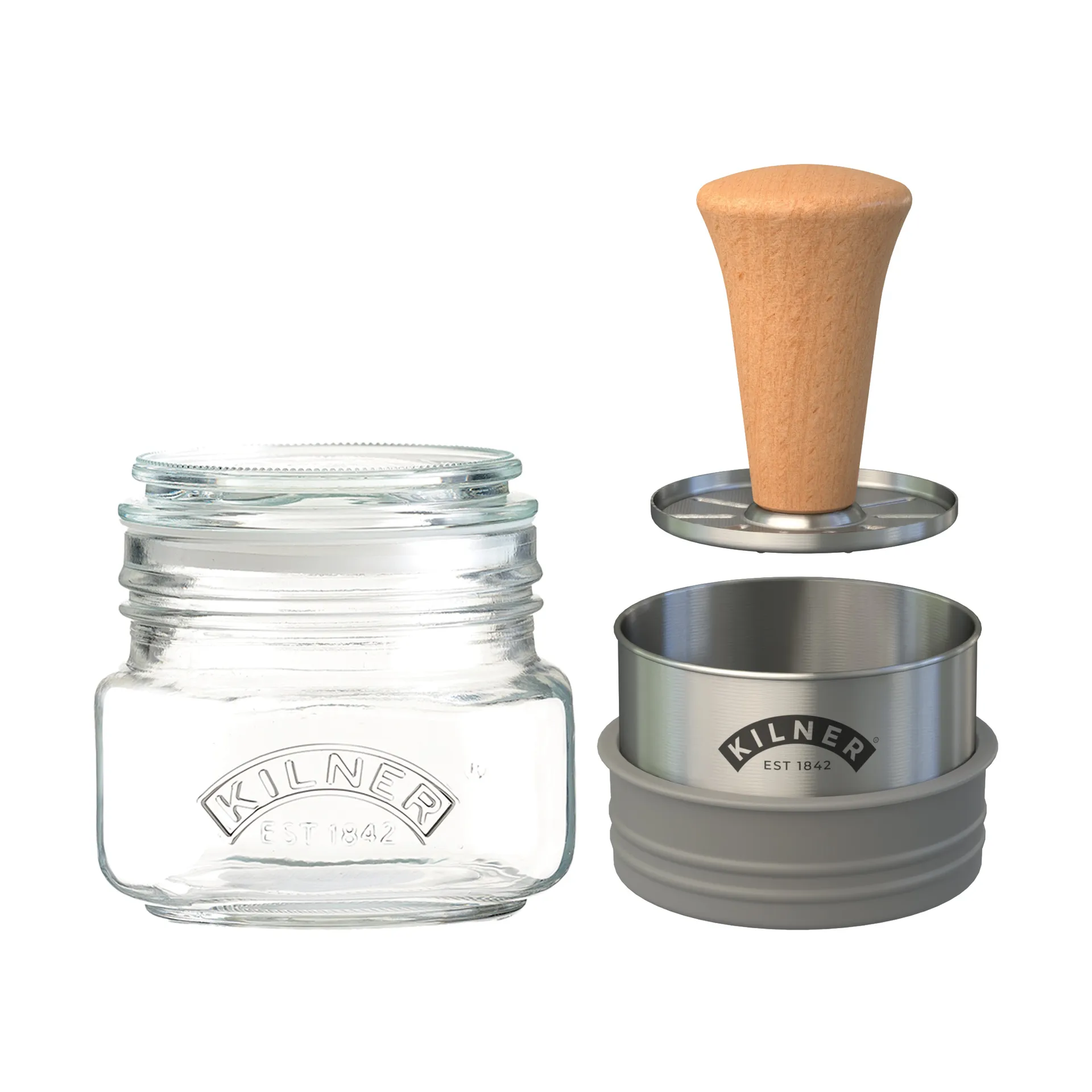 Kilner Mash & Store storage jar set, Clear-stainless steel-wood, 0.5 L Kilner