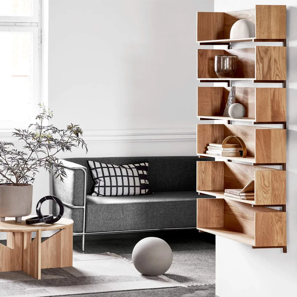 Stack wall shelf, Oak, consoles in dark oiled walnut Kristina Dam Studio