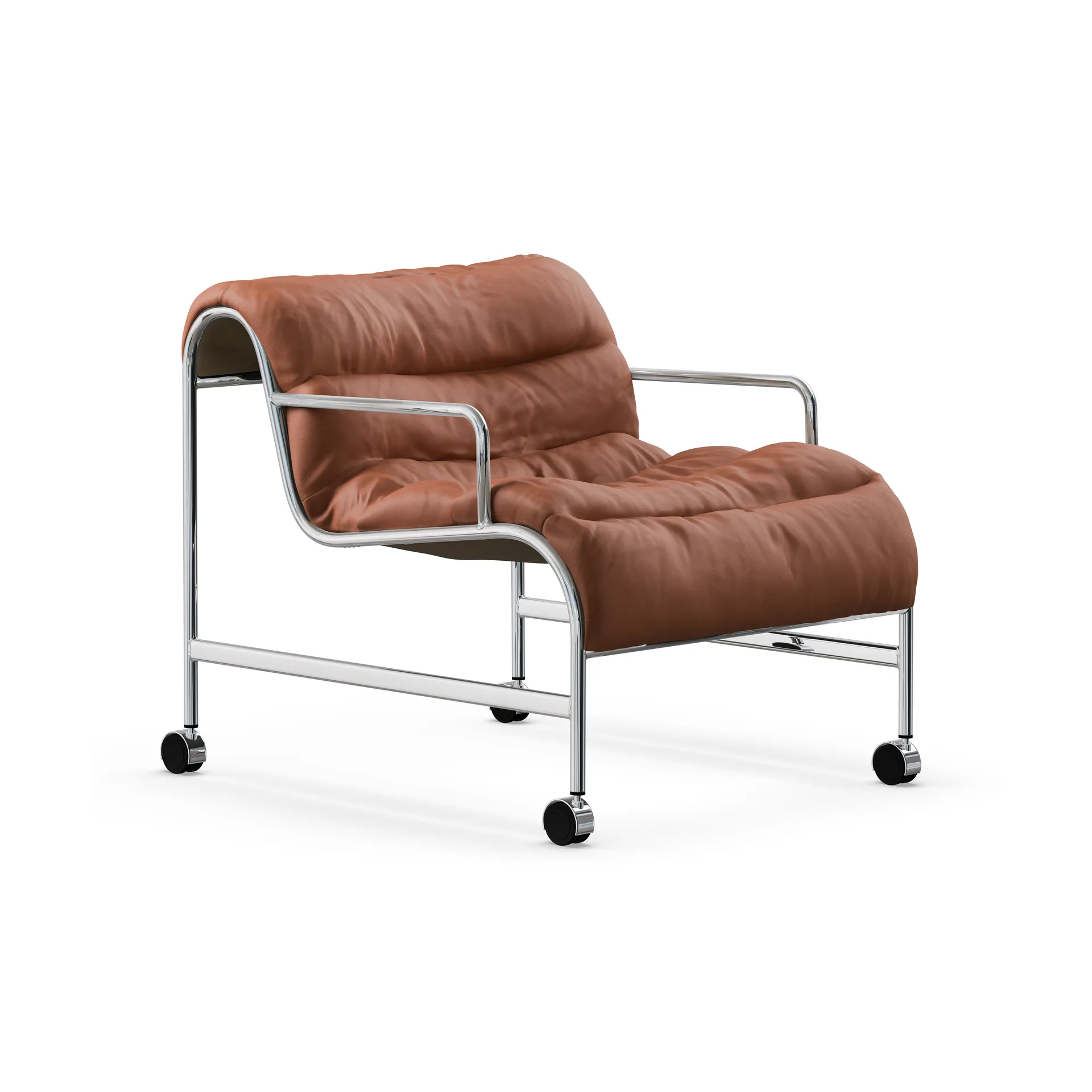 Sunny armchair with armrests, Leather Cognac–chrome frame with wheels Lammhults