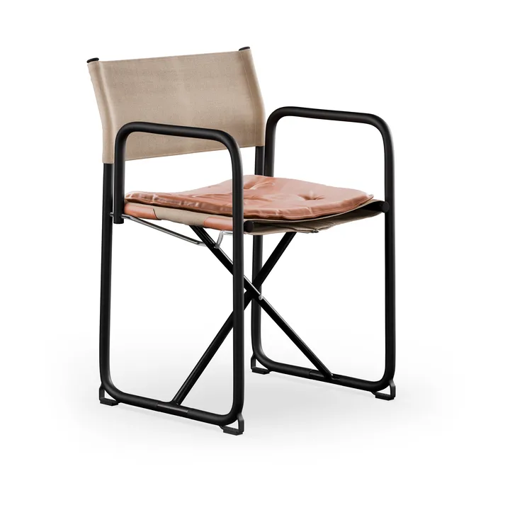 X75-2 armchair - Linen weave natural-Elmo Nordic leather Cognac-black legs - Lammhults