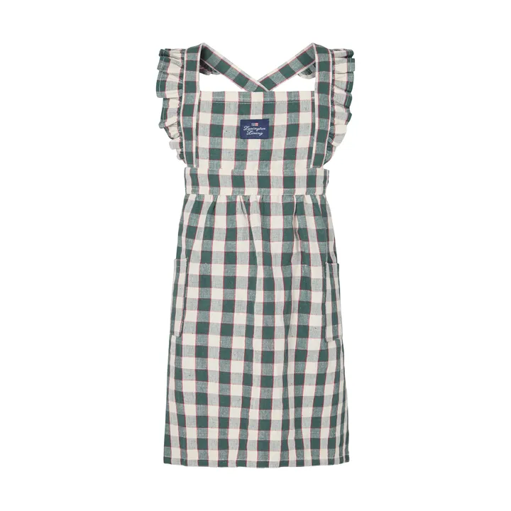 Checked cotton-linen kids’ apron - Green-Light beige-red, 4–6 years - Lexington