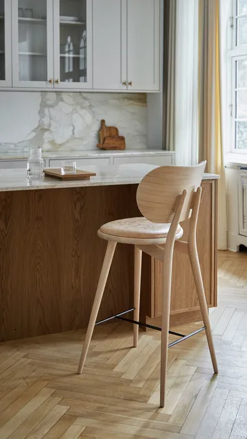 Mater High Stool Backrest barstool low - leather natural, matt varnished oak stand - Mater