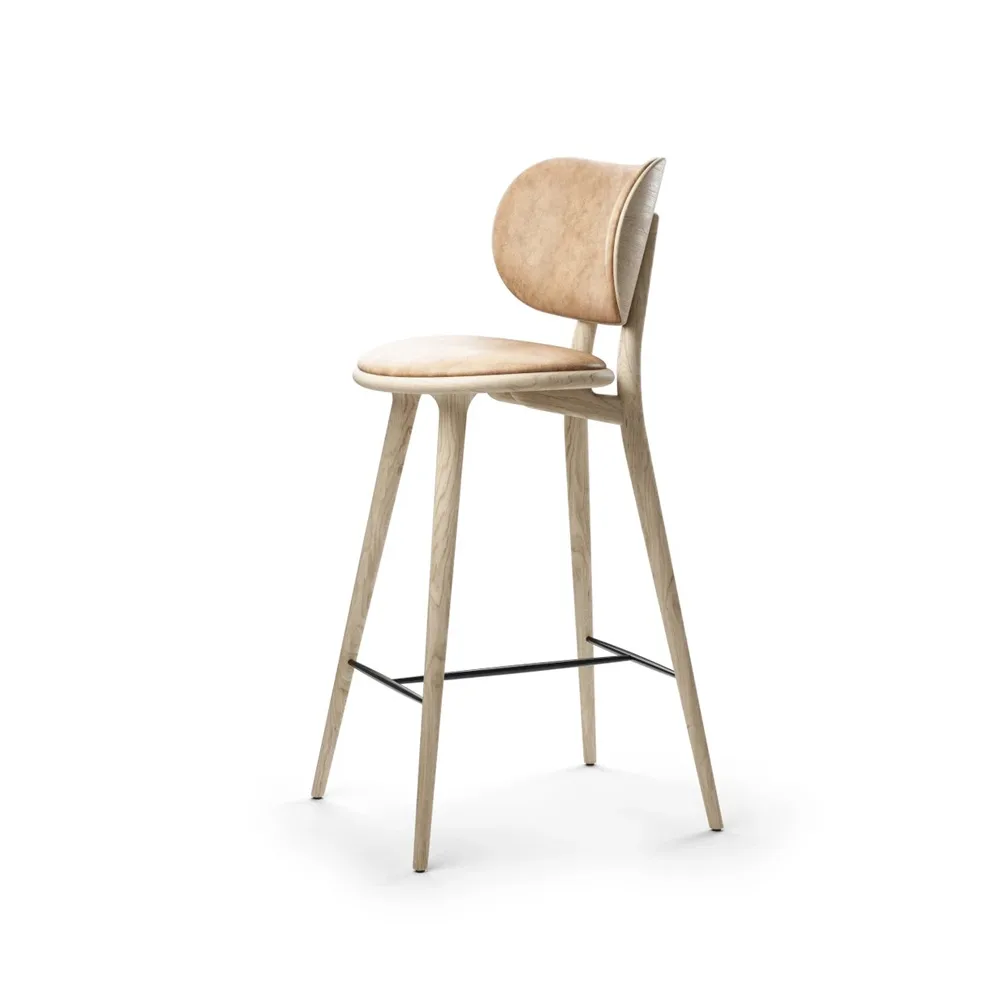 Mater High Stool Backrest barstool low, leather natural, matt varnished oak stand Mater
