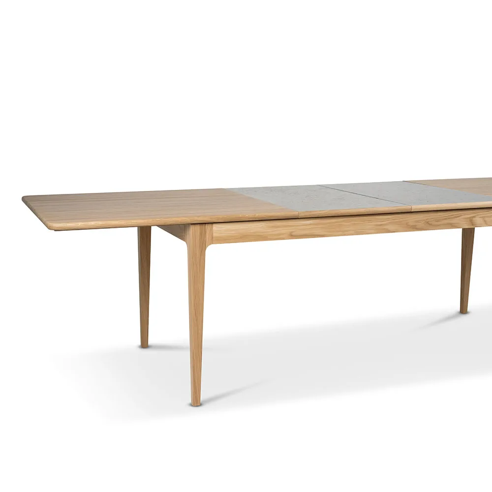 Höllviken dining table, oak white pigmented matte lacquer, 2 leaves, limestone Ø 50 cm Mavis