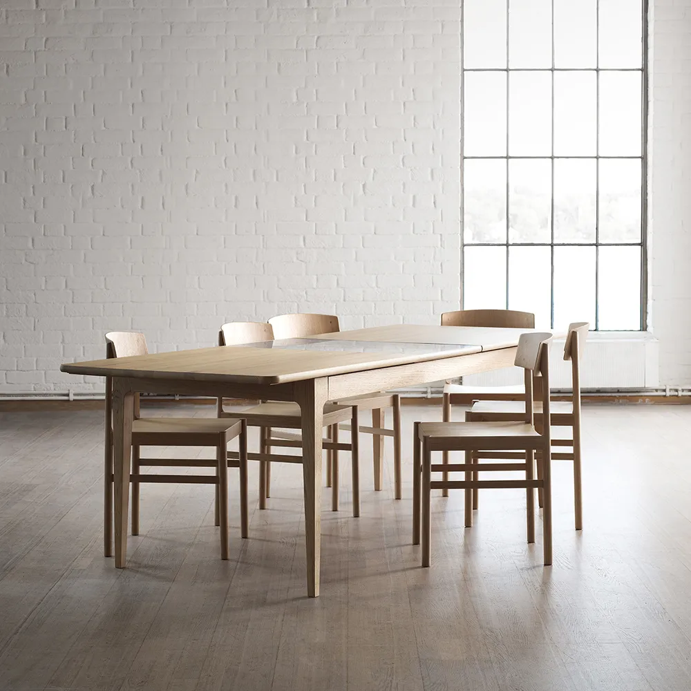 Höllviken dining table, oak white pigmented matte lacquer, 2 leaves, limestone Ø 50 cm Mavis