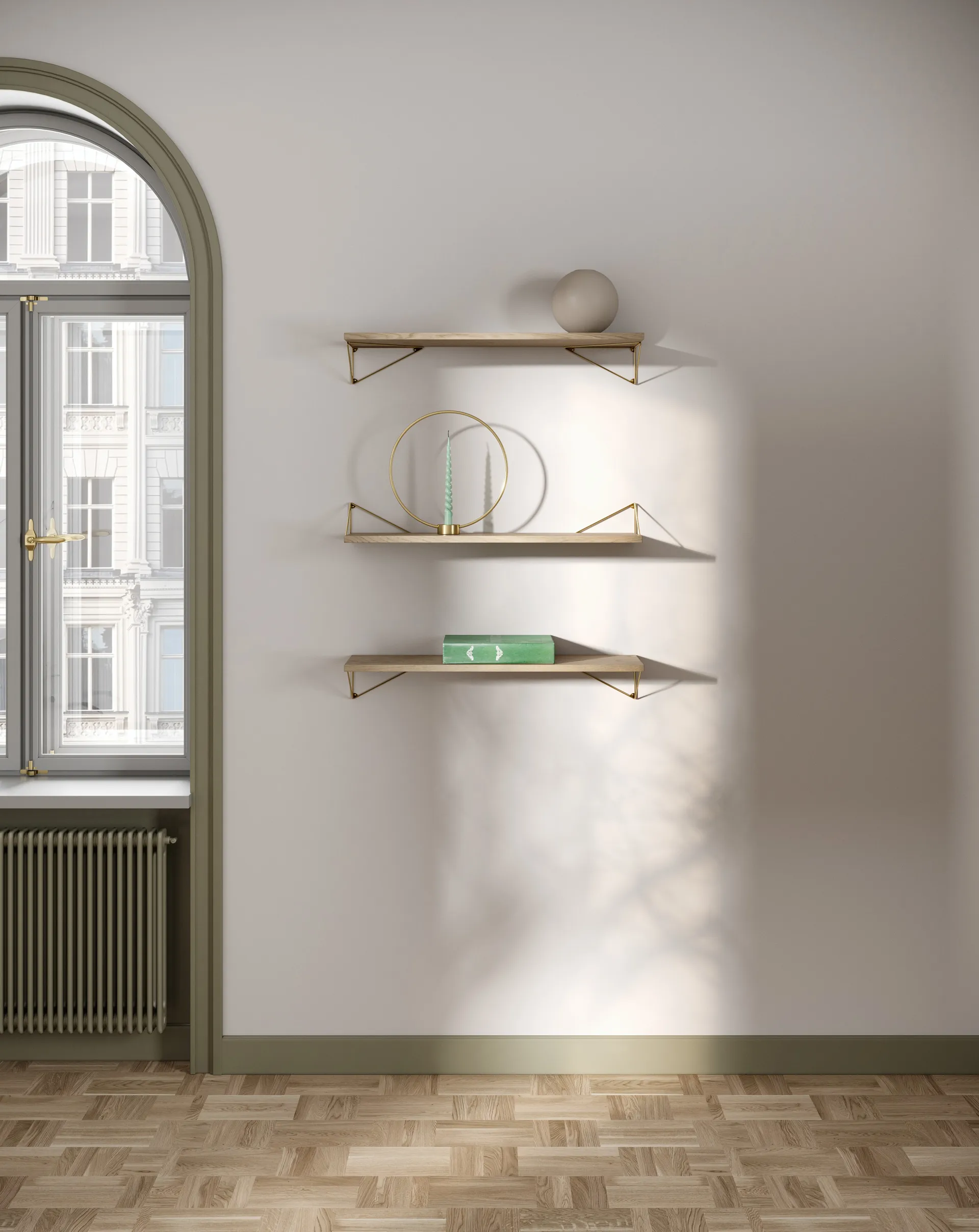 Pythagoras Bundle A shelving system oak-brass,  Maze