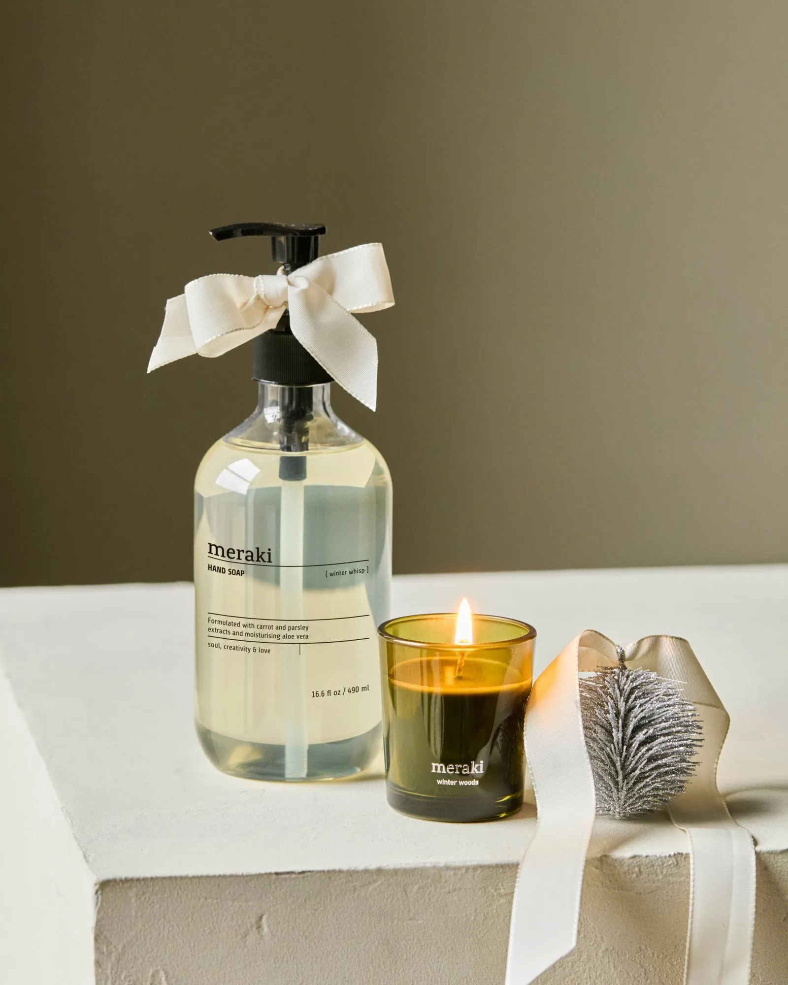 Meraki gift set hand soap and scented candle, Winter whisp, winter woods Meraki