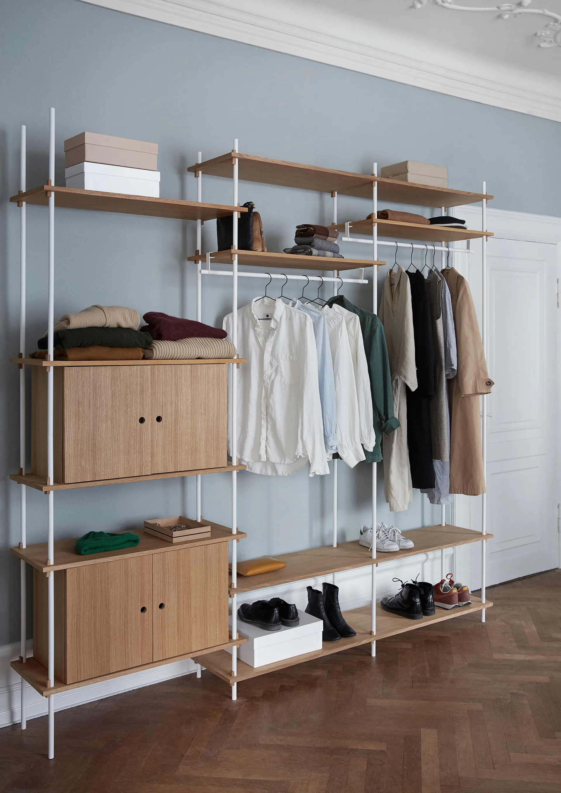 Shelving System shelf with cabinet, Smoked oak-white, 163x200x35 cm, S.200.2.C MOEBE
