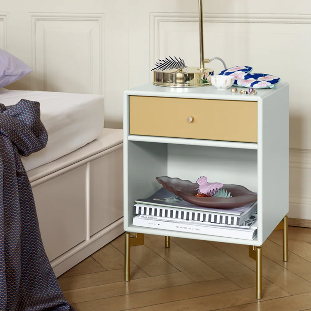 Dream bedside table, Rhubarb 151, chrome legs Montana