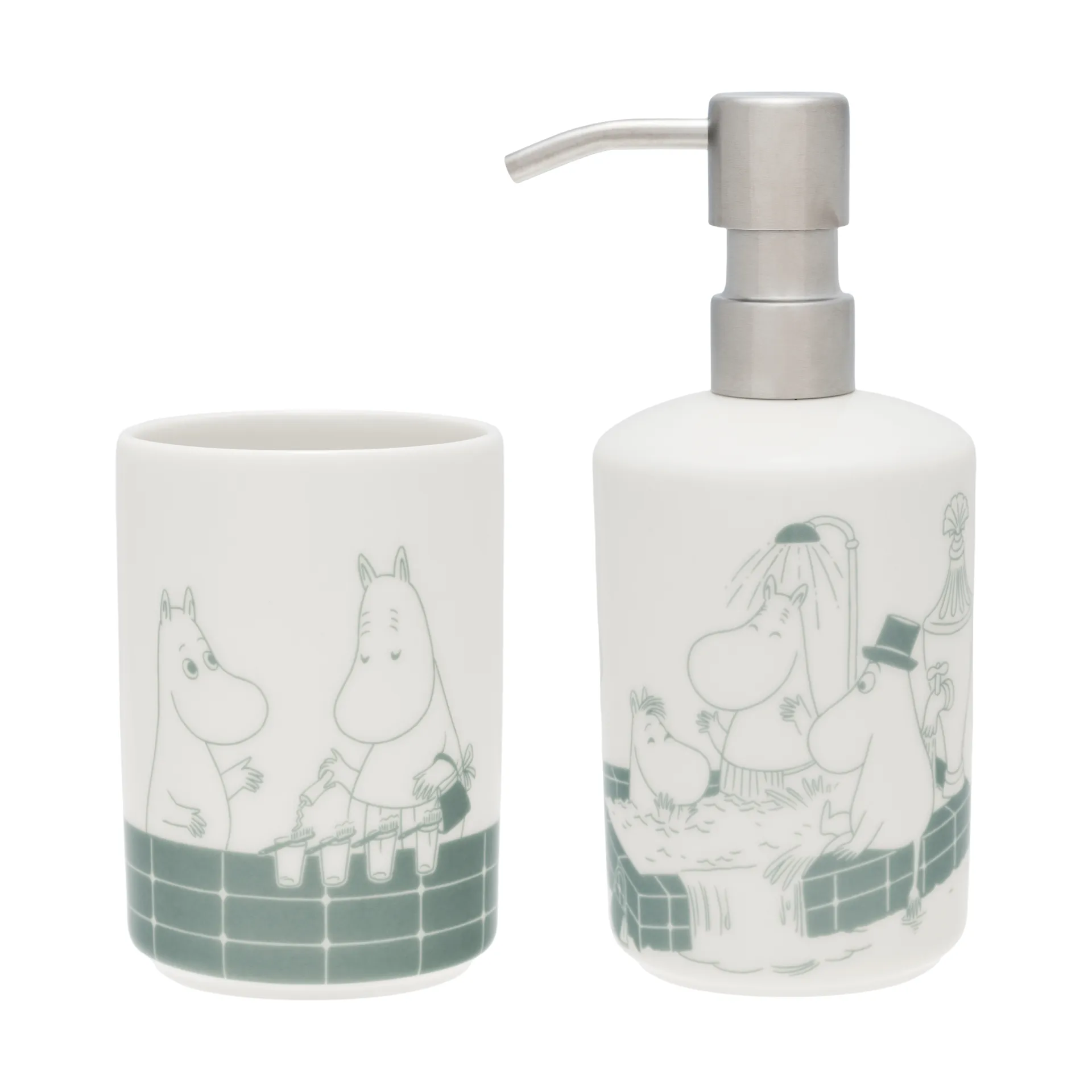 Moomin soap dispenser and toothbrush holder, Bath time green-white Moomin Arabia