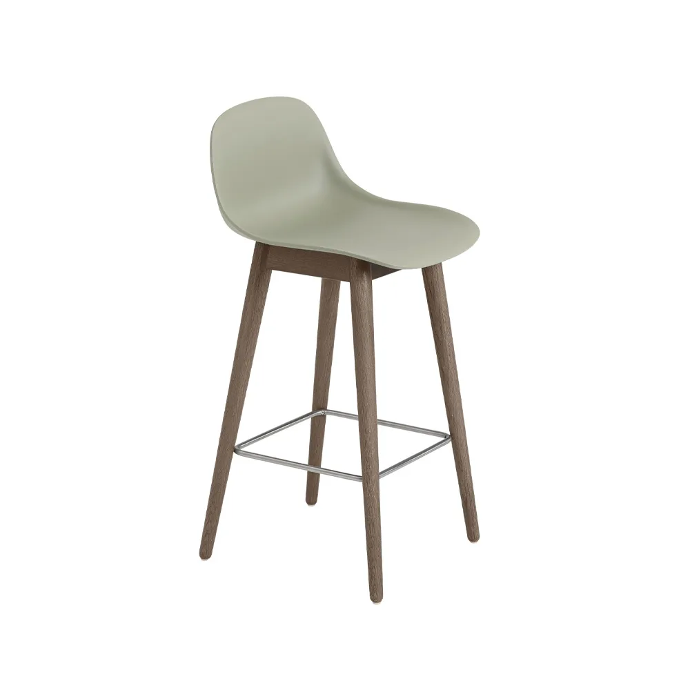 Fiber barstool with backrest 65 cm, Dusty green-dark brown stained legs Muuto