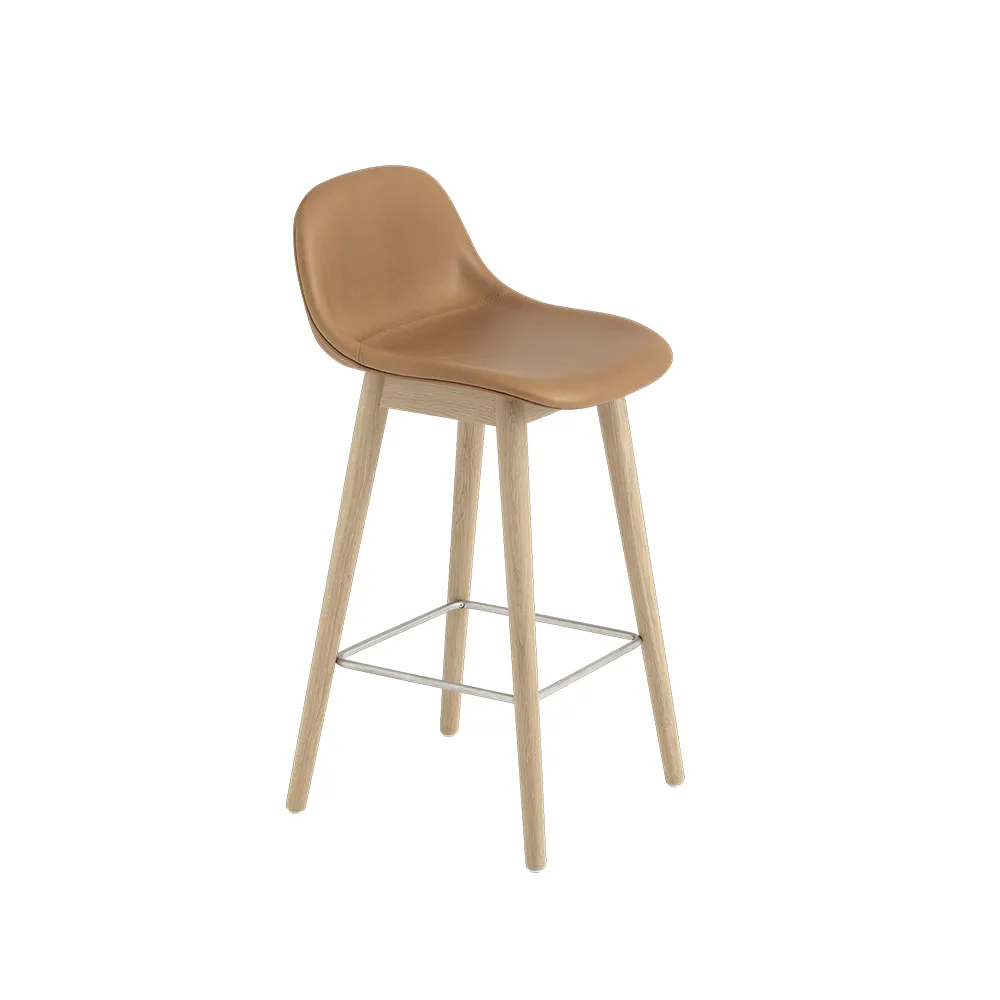 Fiber barstool with backrest 65 cm, Leather refine cognac-oak legs Muuto