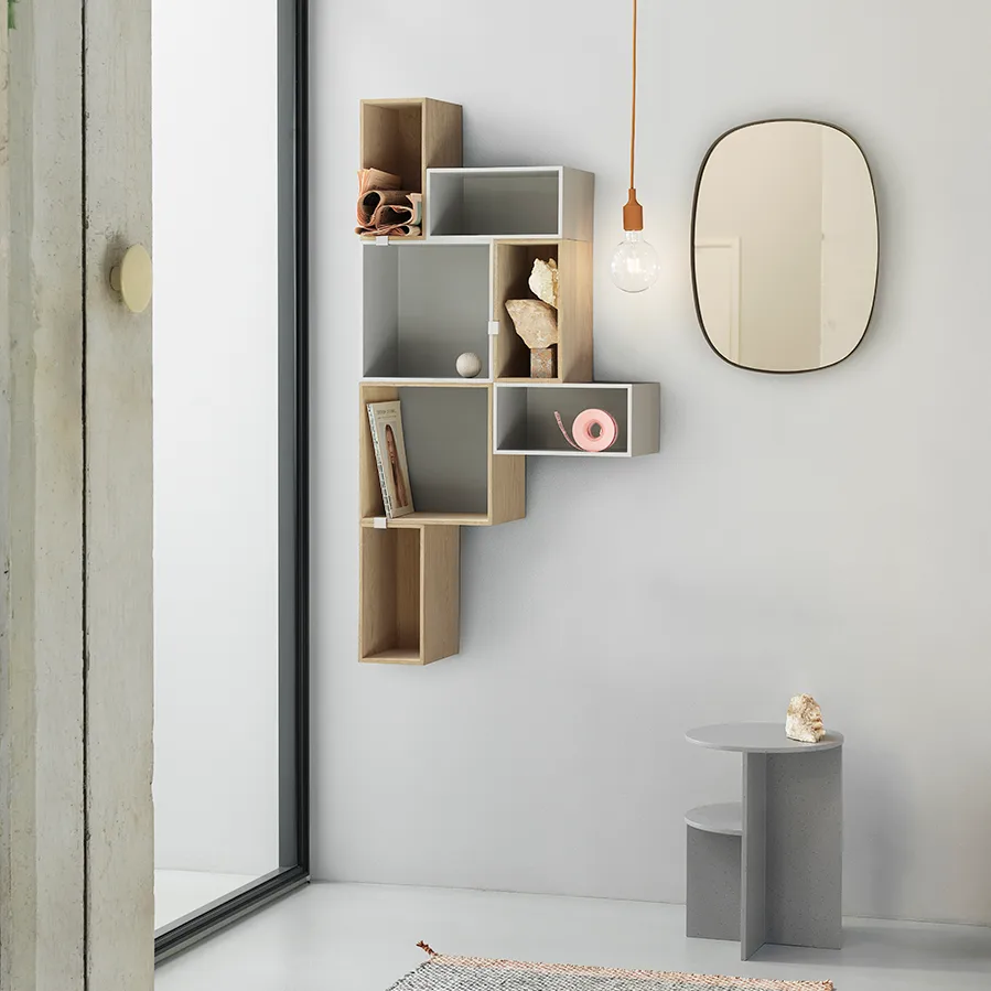 Stacked 2.0 shelving with back plate, small, oak Muuto