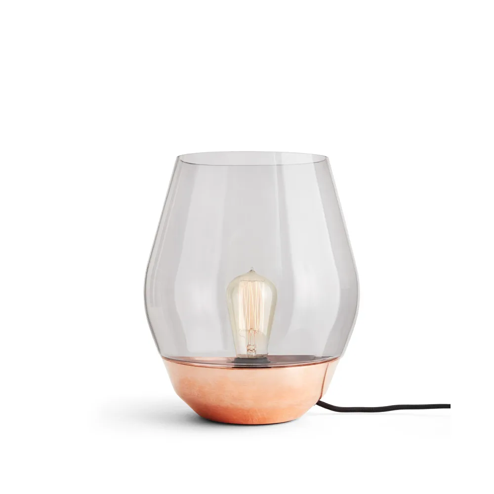 Bowl table lamp, Raw copper. light smoke coloured glass New Works