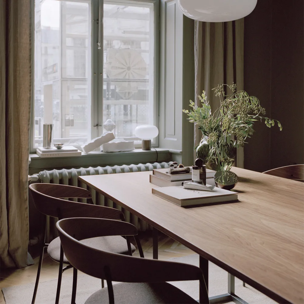 Florence rectangular dining table, Black ash. black stand New Works