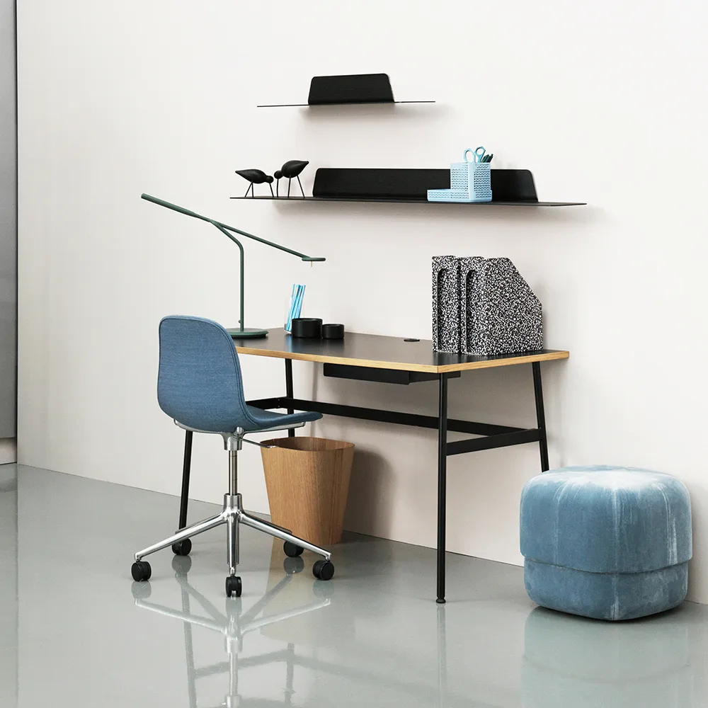 Journal desk, Black laminate, black steel legs and drawer Normann Copenhagen
