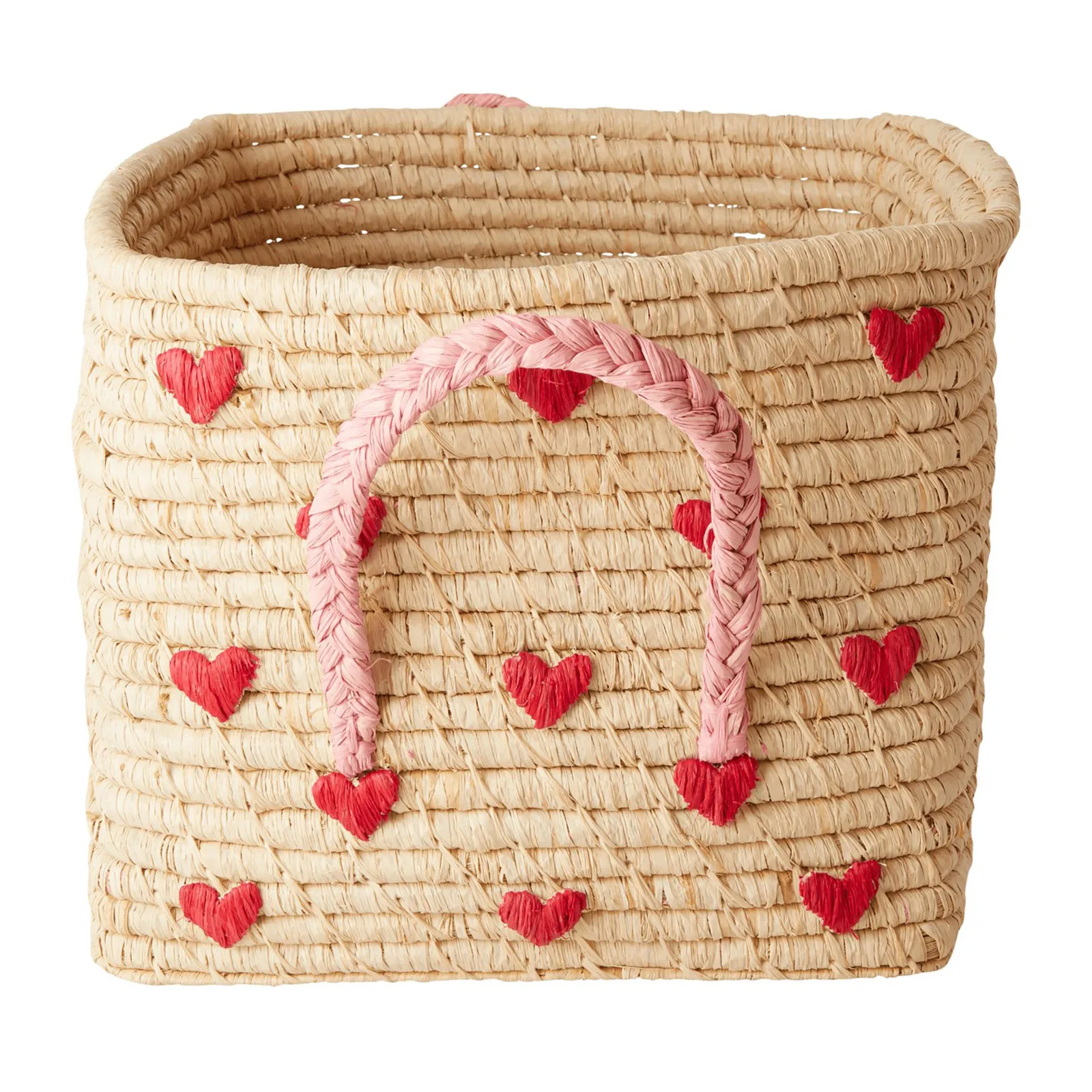 Rice raffia basket with handle 30x30 cm, Red hearts RICE