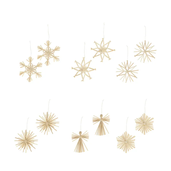 Straw Christmas tree hanging ornaments in straw, 12 pieces - White - Scandi Living