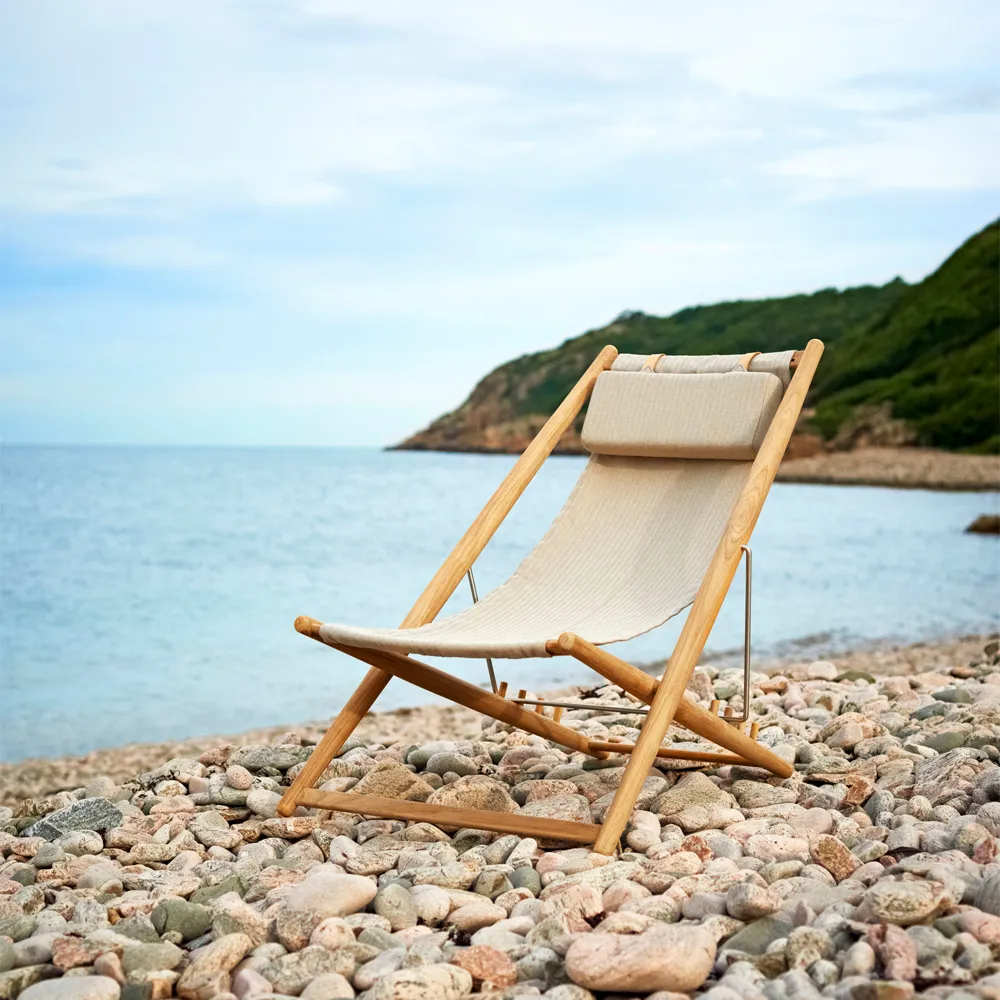 H55 lounge chair teak, Sunbrella Heritage Ash light grey Skargaarden