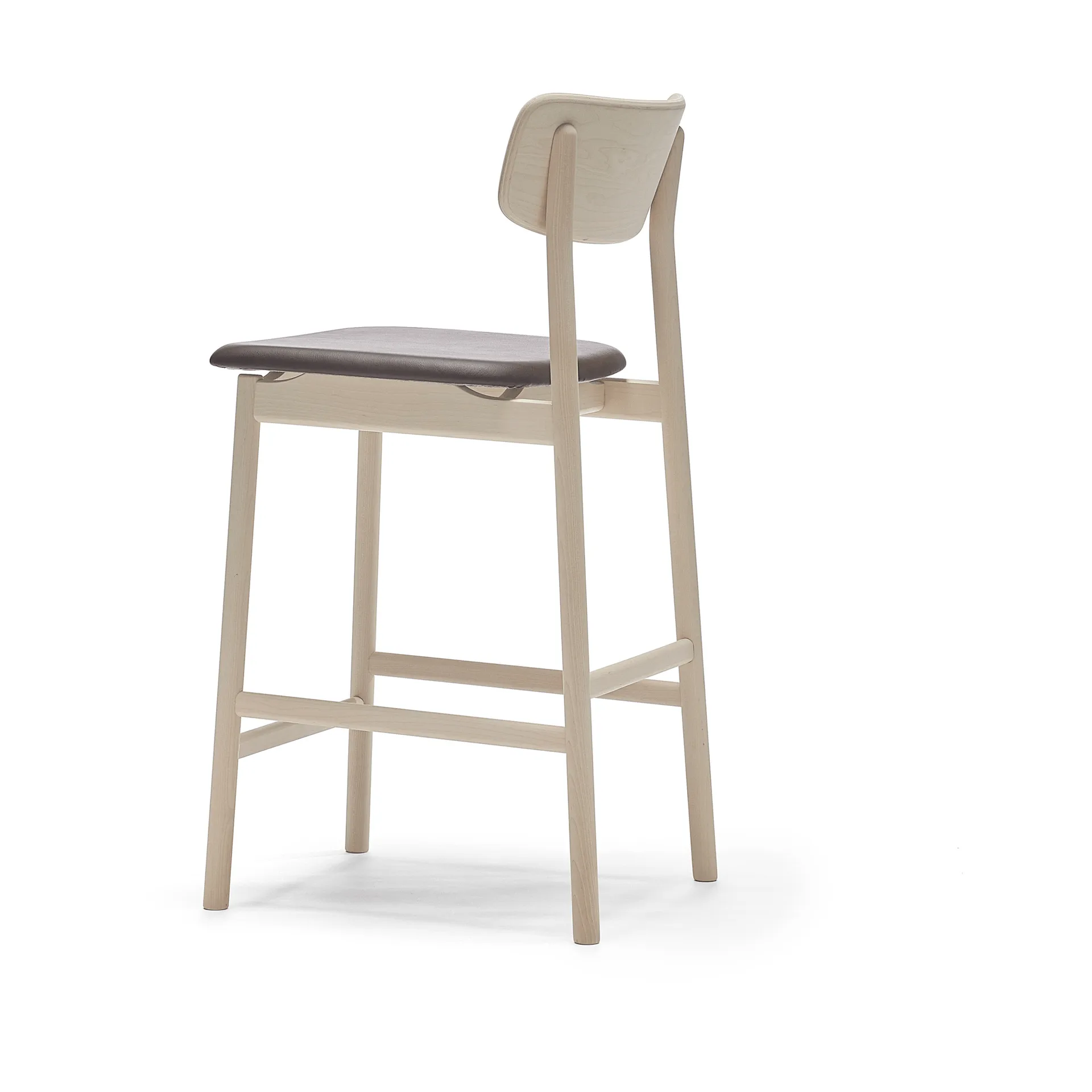 Prima Vista bar stool, Leather Elmosoft darkbrown-lightt matt lacquered birch stand, 65 cm Stolab