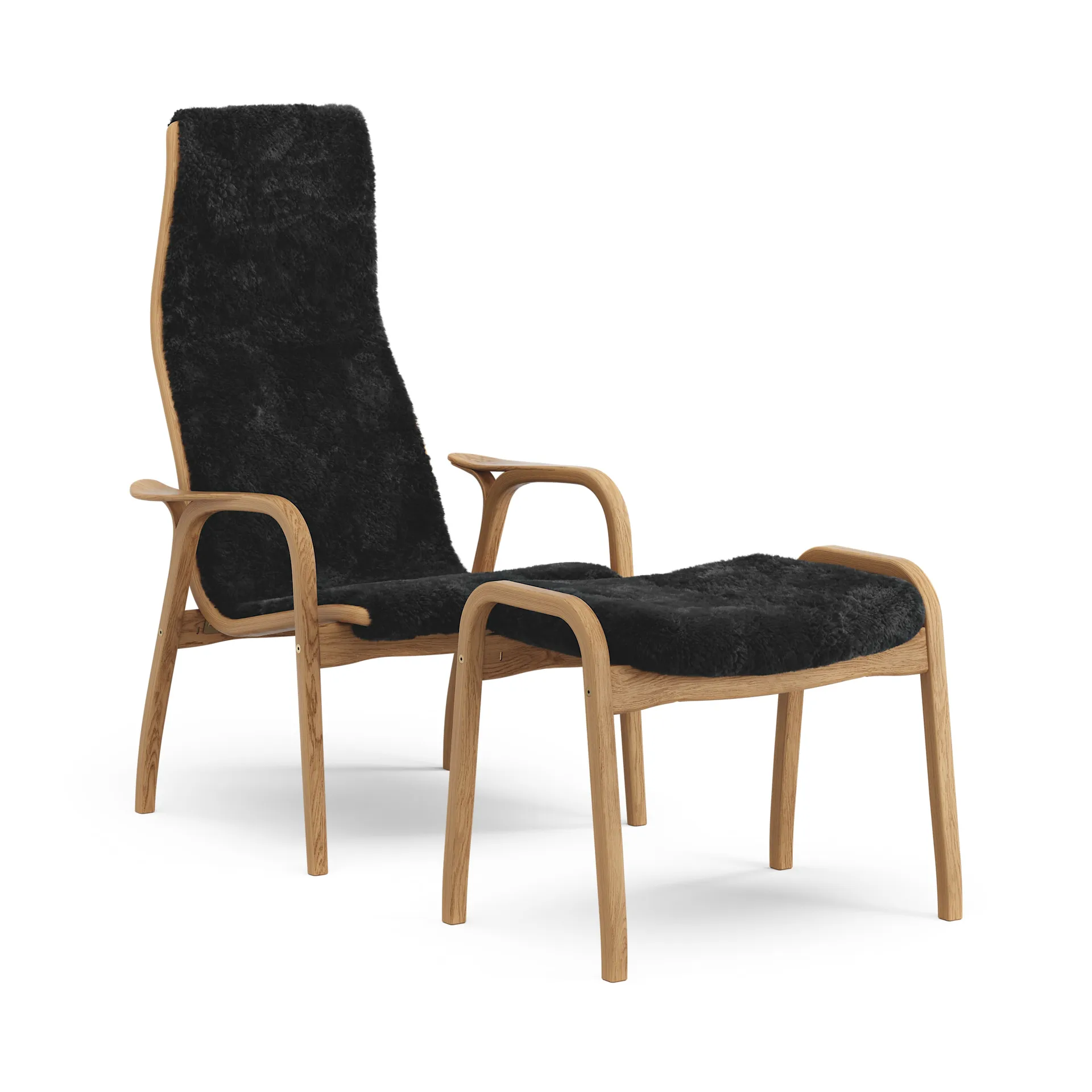 Lamino armchair and footstool oiled oak/sheepskin, Black Swedese