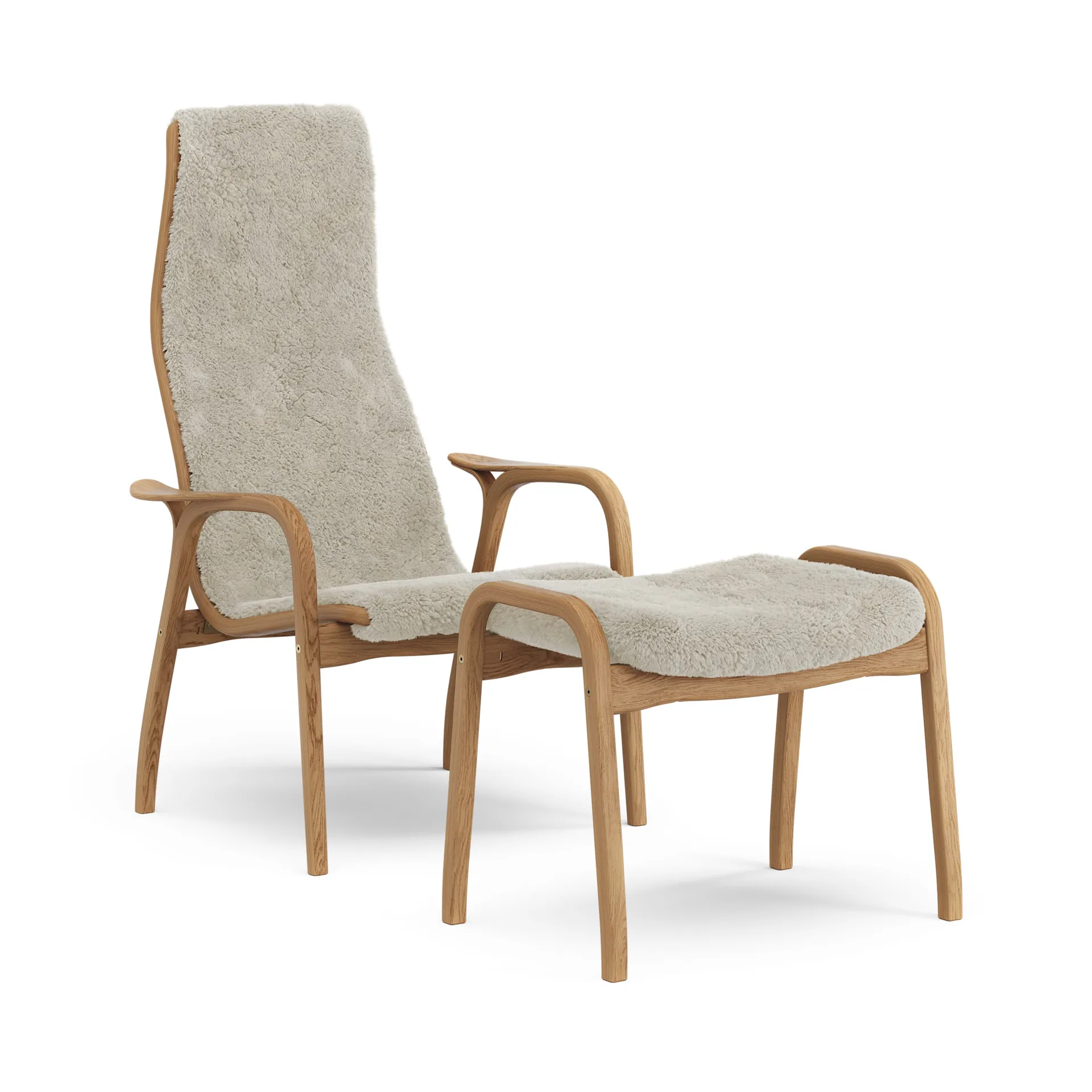 Lamino armchair and footstool oiled oak/sheepskin, Moonlight (beige) Swedese