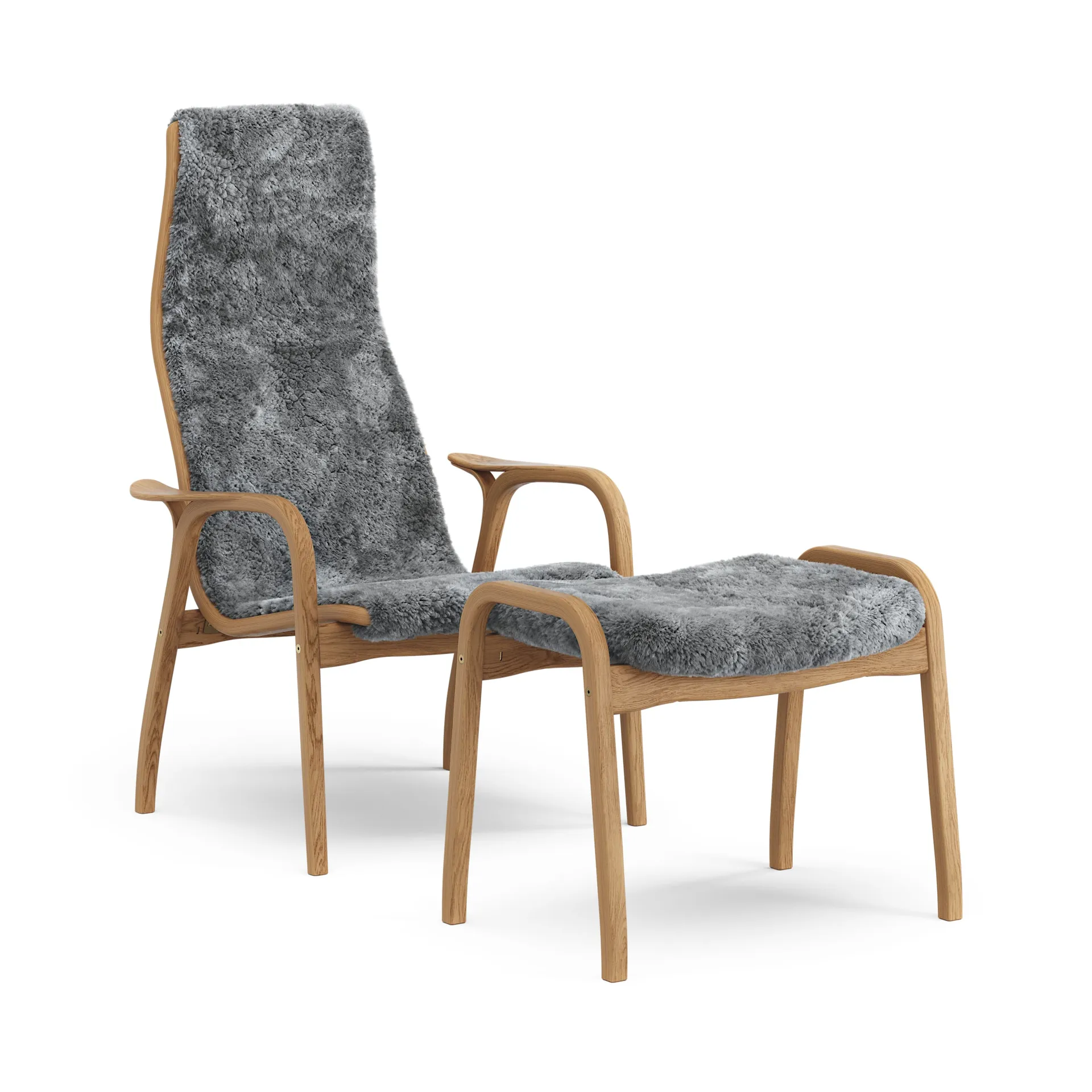 Lamino armchair and footstool oiled oak/sheepskin, Scandinavian Grey Swedese