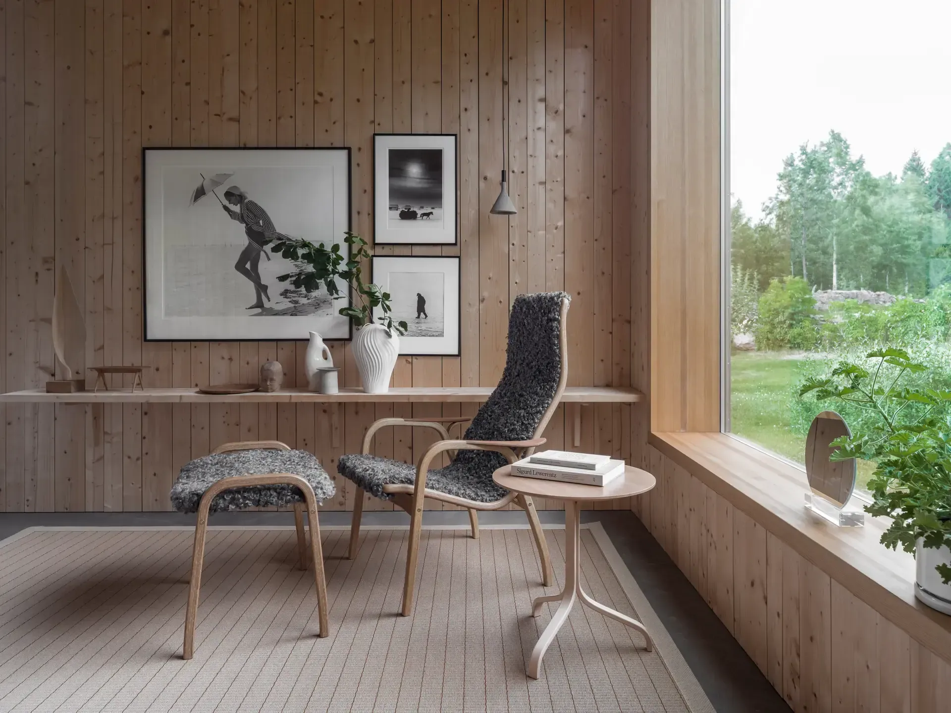 Lamino armchair and footstool, Sheepskin Charcoal-oiled oak Swedese