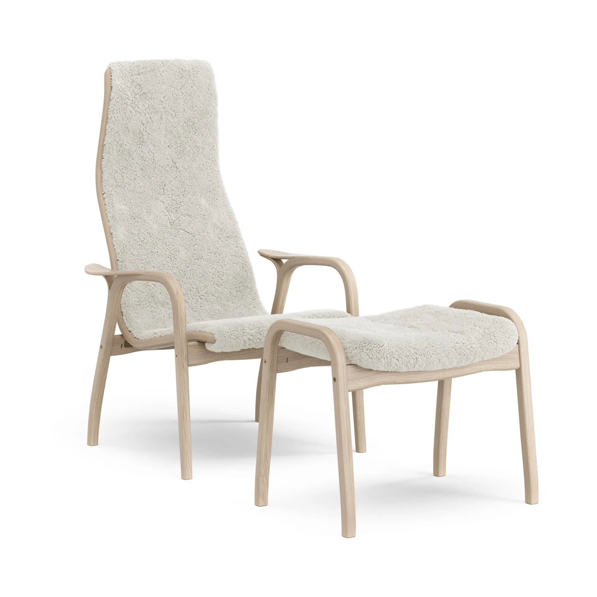Lamino armchair and footstool, Sheepskin Off white-white pigmented laquered oak Swedese