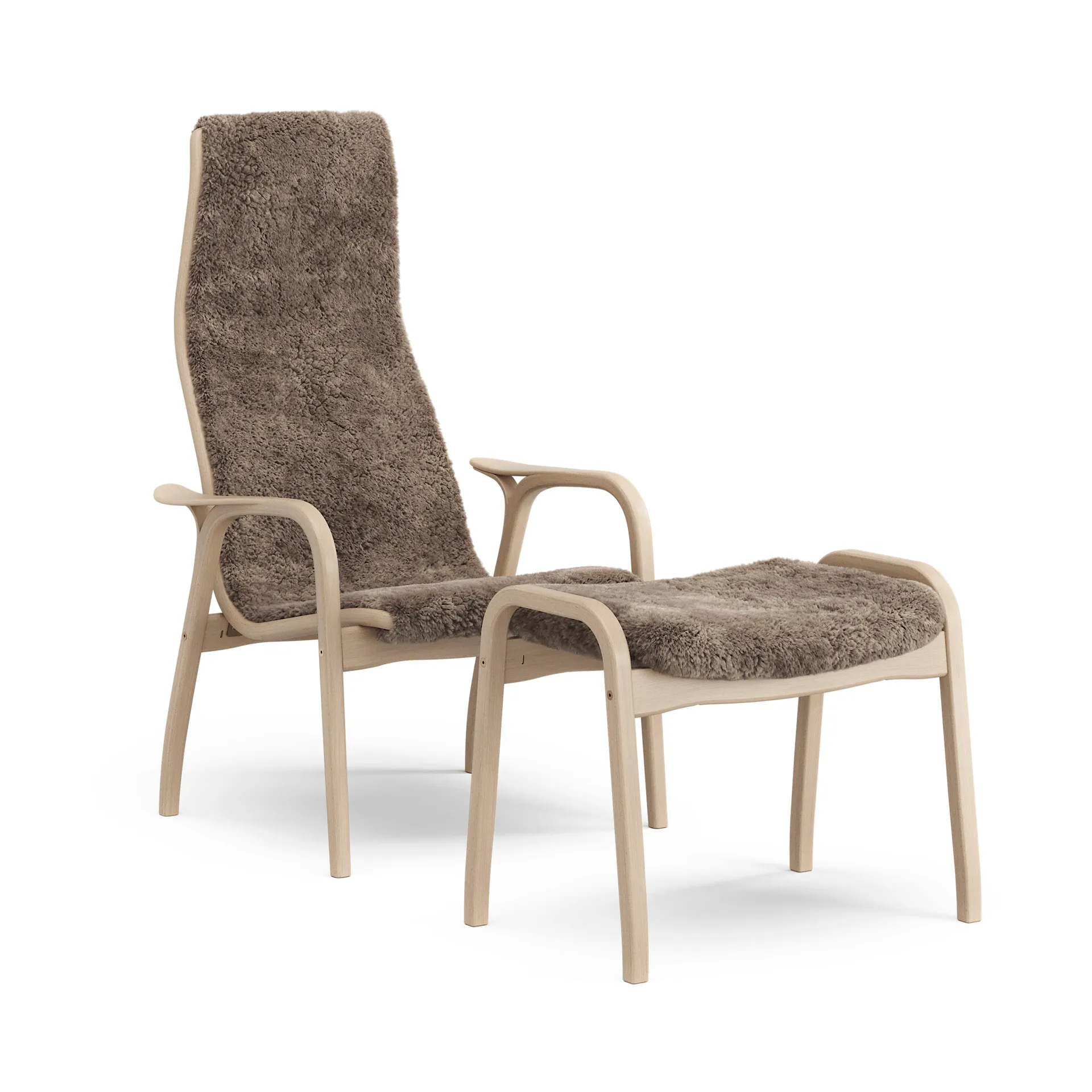 Lamino armchair and footstool, Sheepskin Sahara-laquered beech Swedese