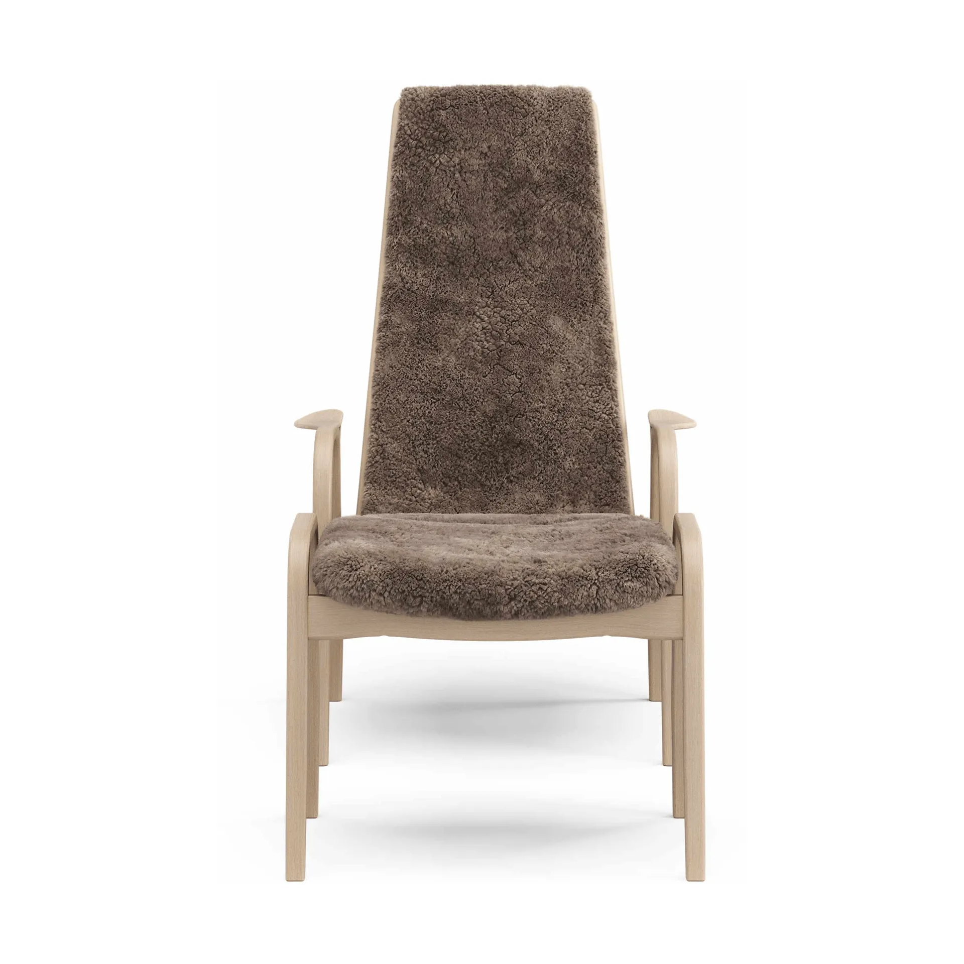 Lamino armchair and footstool, Sheepskin Sahara-laquered beech Swedese