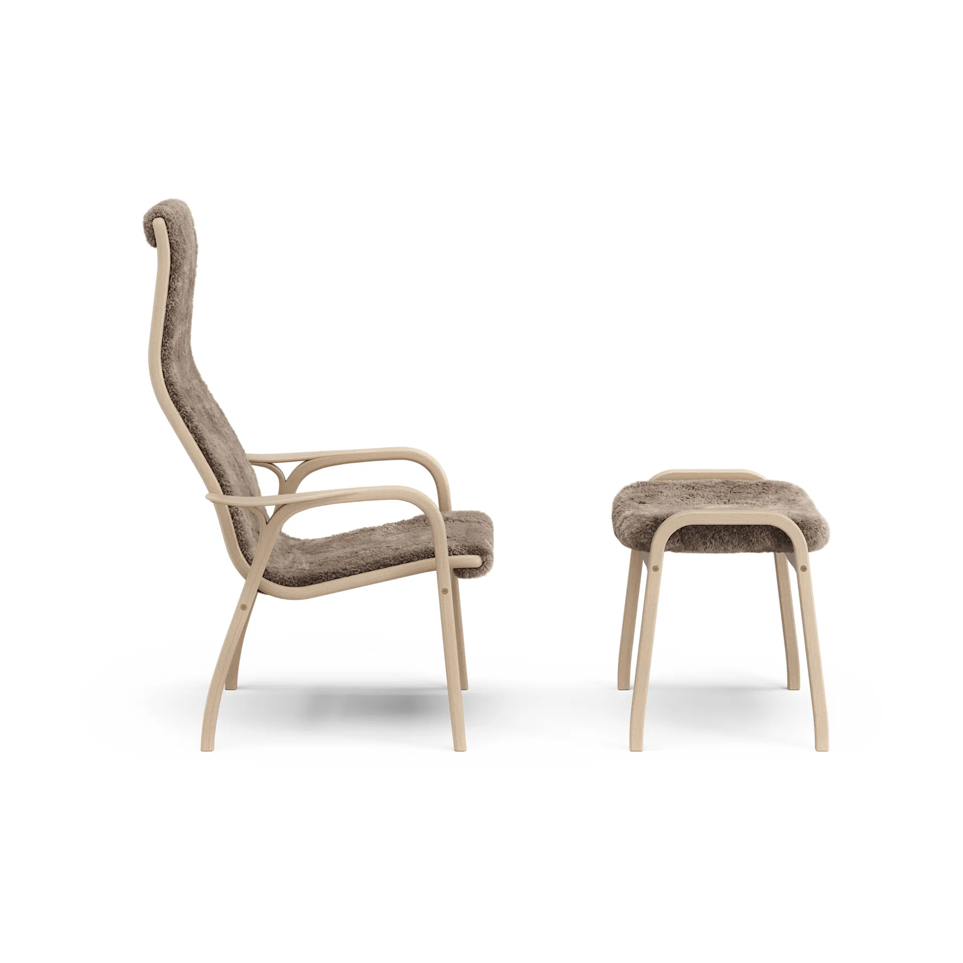 Lamino armchair and footstool, Sheepskin Sahara-laquered beech Swedese