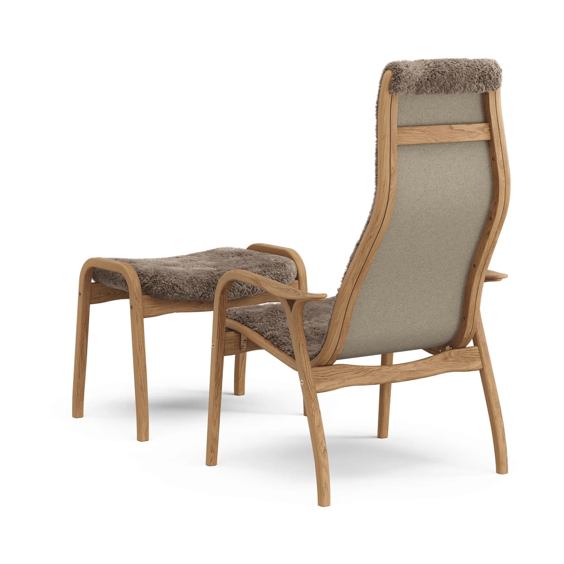 Lamino armchair and footstool, Sheepskin Sahara-oiled oak Swedese