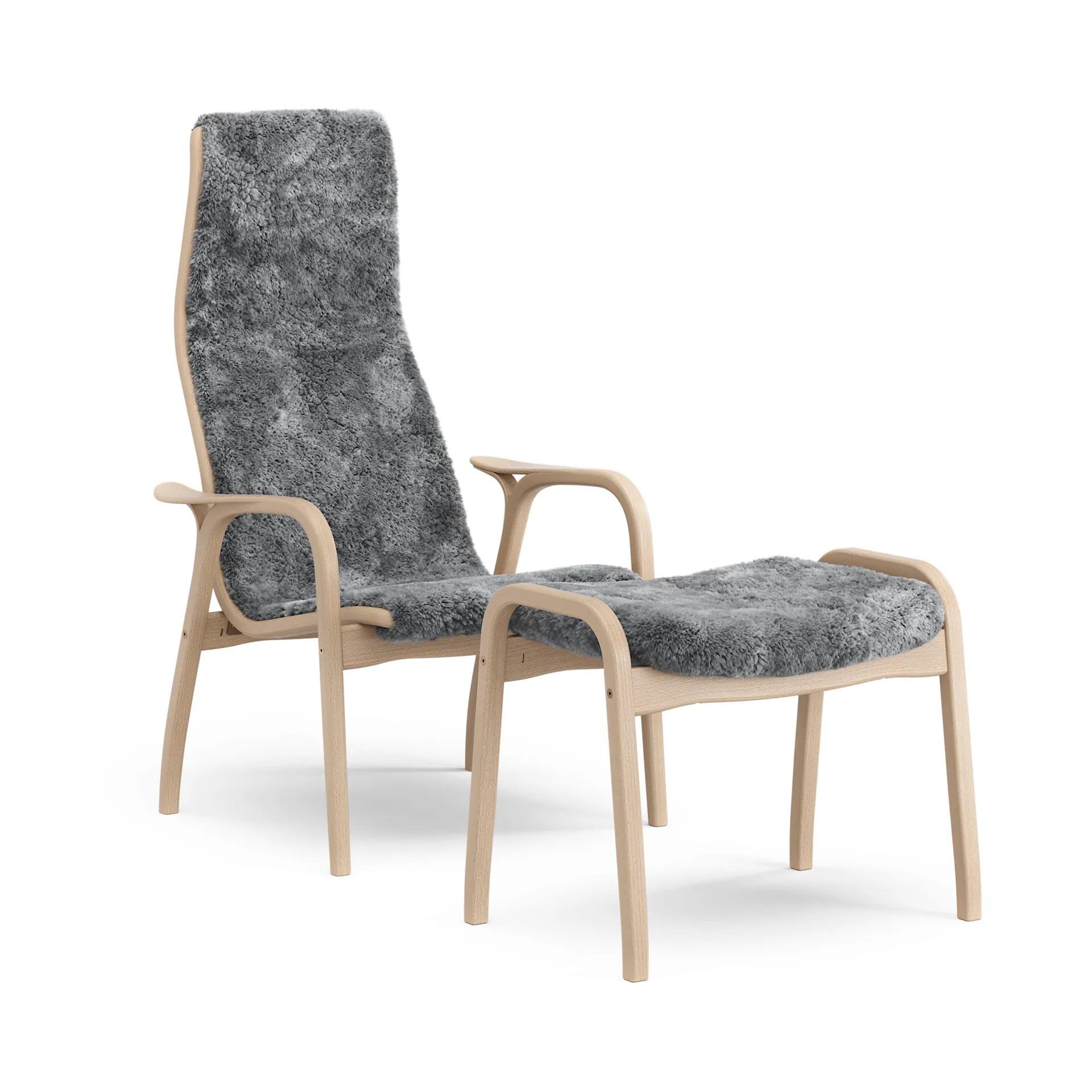 Lamino armchair and footstool, Sheepskin Scandinavian grey-laquered beech Swedese