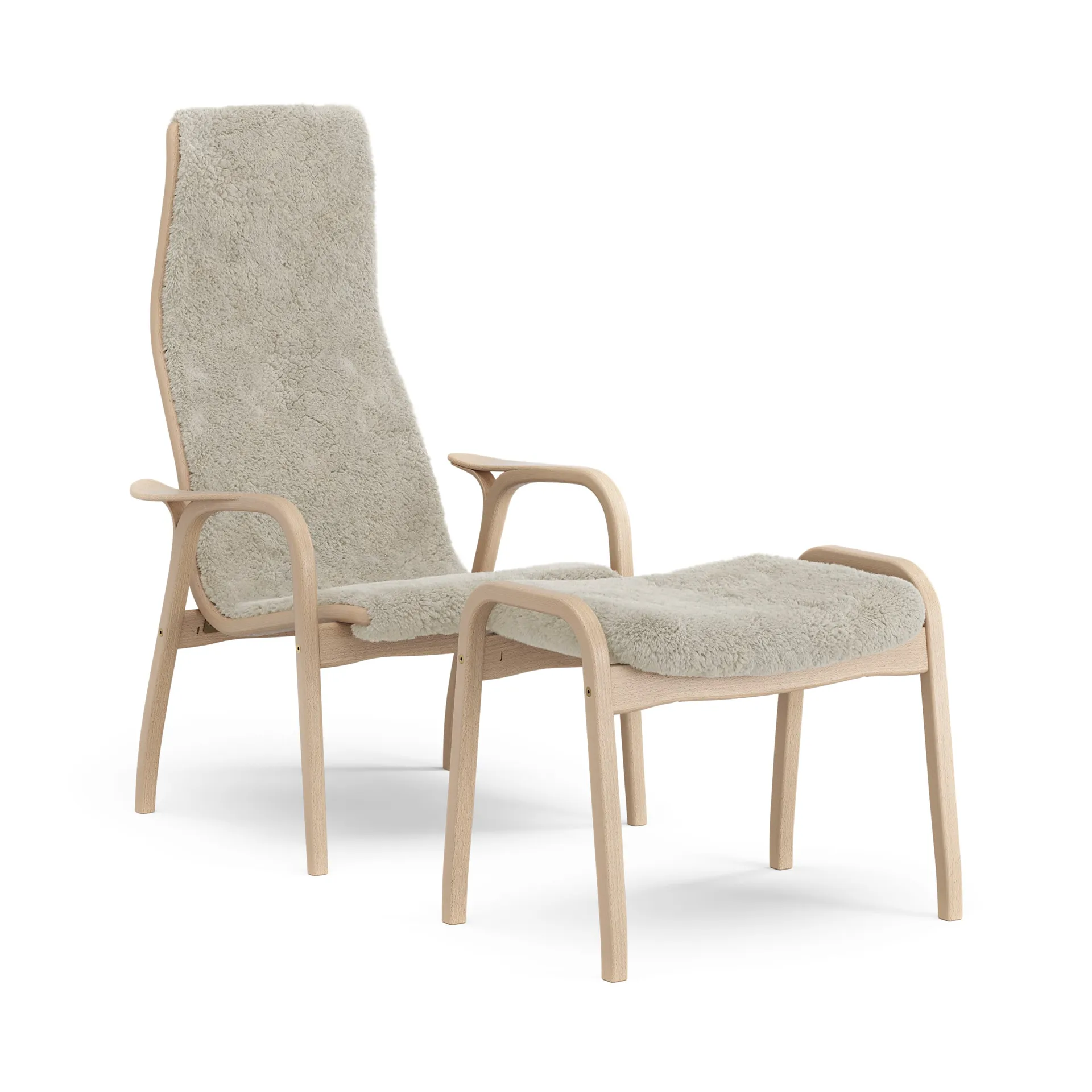 Lamino armchair and footstool varnished beech/sheepskin, Moonlight (beige) Swedese