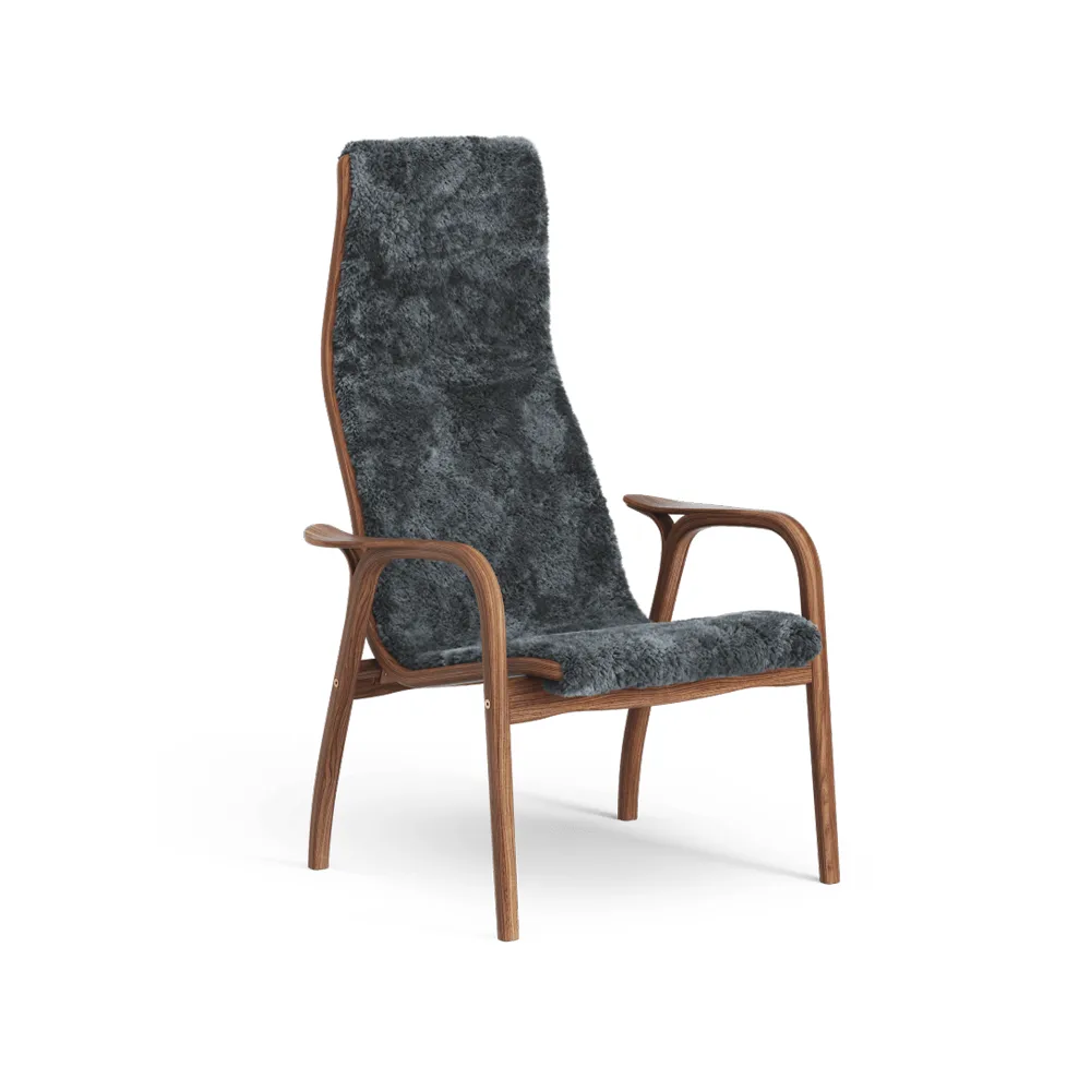 Lamino armchair, Sheepskin charcoal, lacquered walnut Swedese