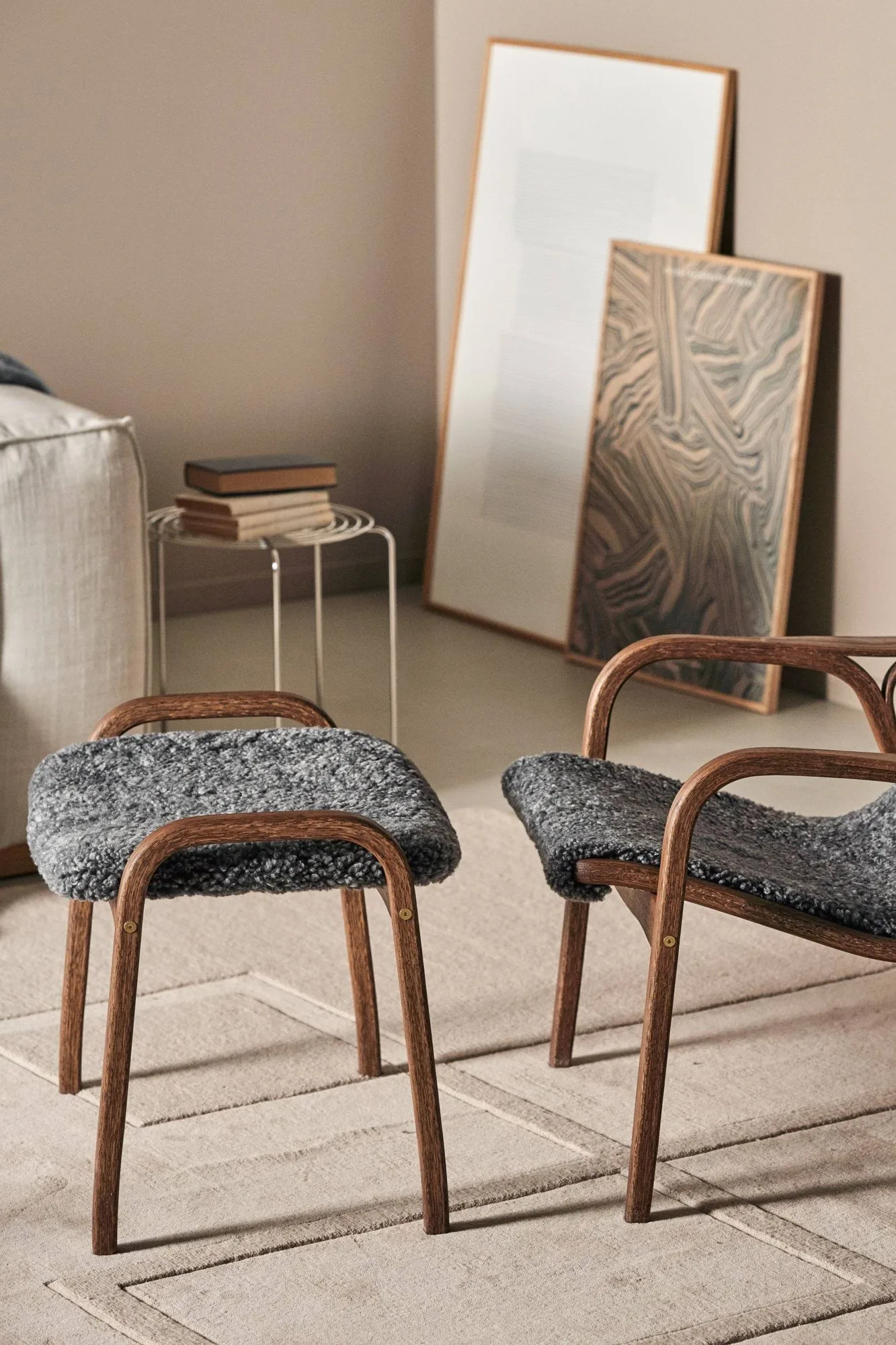 Lamino footstool, Sheepskin Scandinavian grey-lacquered walnut Swedese